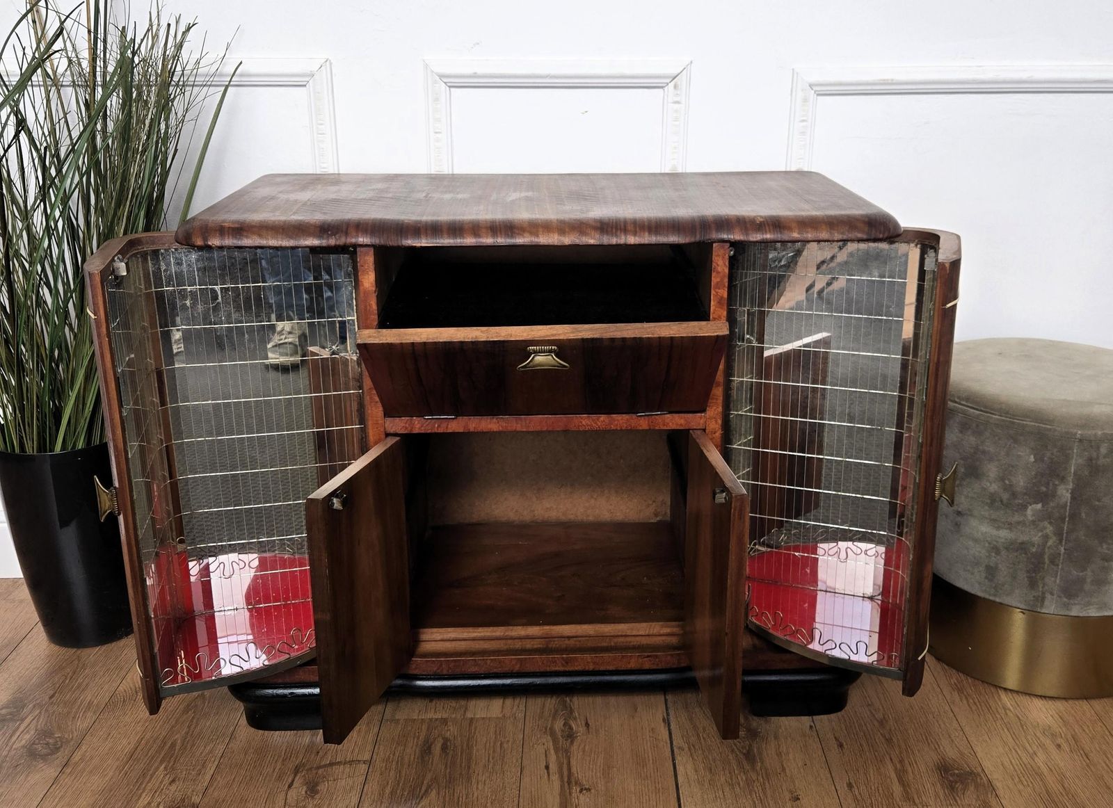 1999.0 1960s Art Deco Mid Century Italian Walnut Burl And Mirror Mosaic Dry Bar Cabinet photo