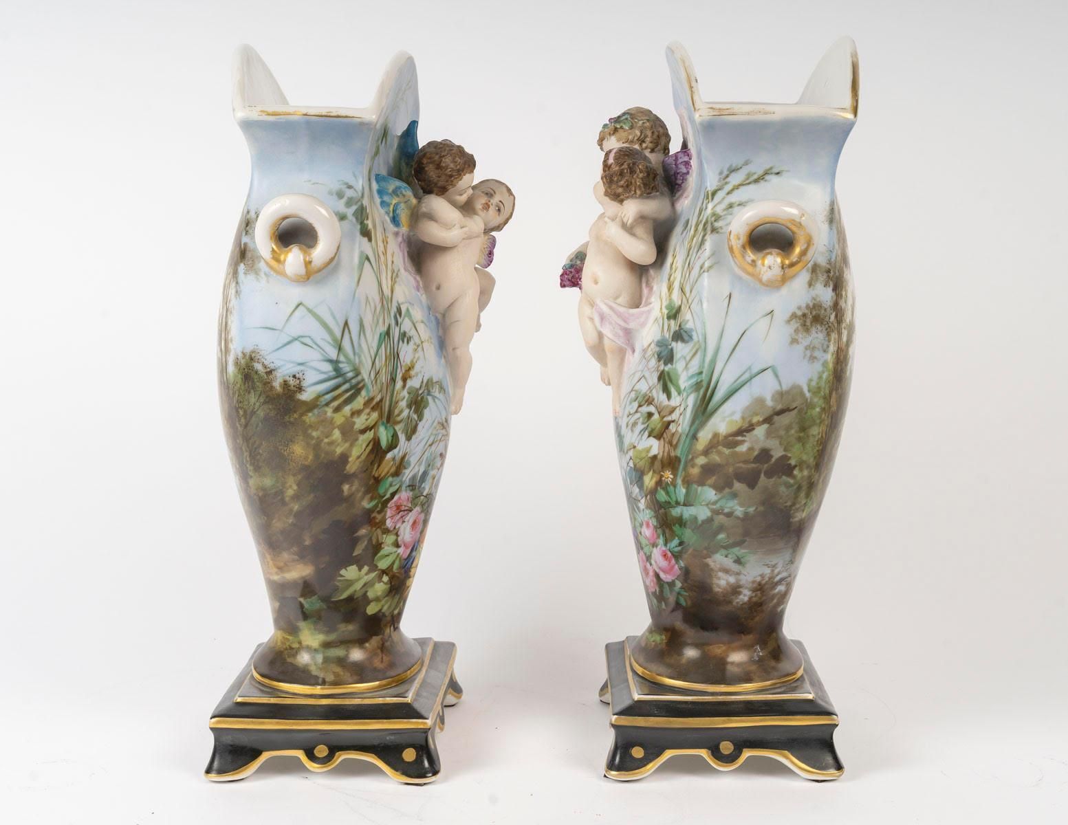 Pair Of Paris Porcelain Vases, 19th Century, Napoleon III Period. photo 3955.0