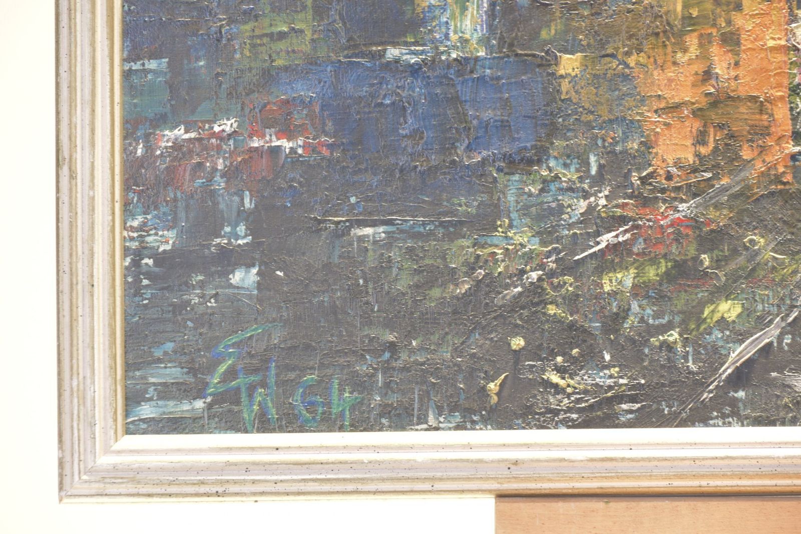 Oil Painting, Abstract City, Monogrammed E.W., 1964 photo for sale