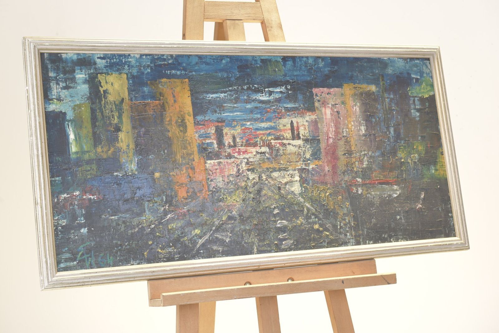 Oil Painting, Abstract City, Monogrammed E.W., 1964 photo 1069.0