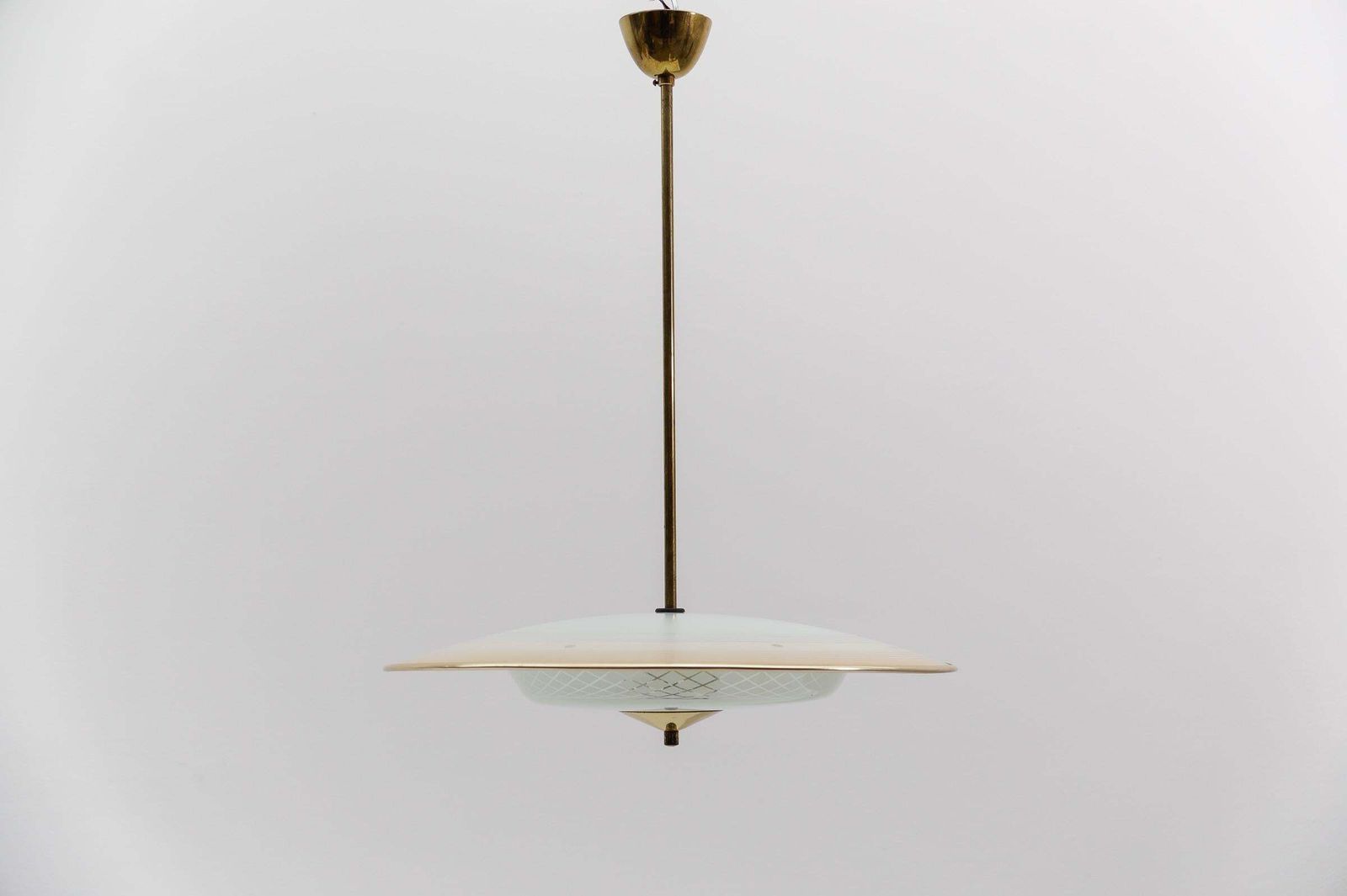 Beautiful Mid Century Modern Hanging Lamp In Glass And Brass, 1950s photo for sale