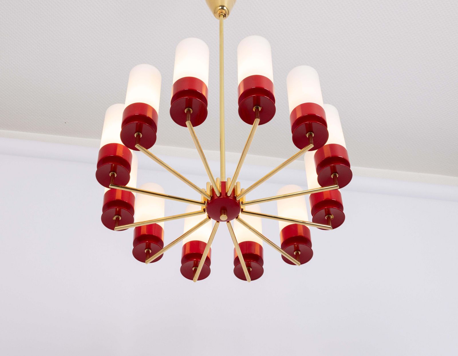 photo furniture Large Stunning Kaiser Red Sputnik Opal Glass Chandelier, Germany, 1960s