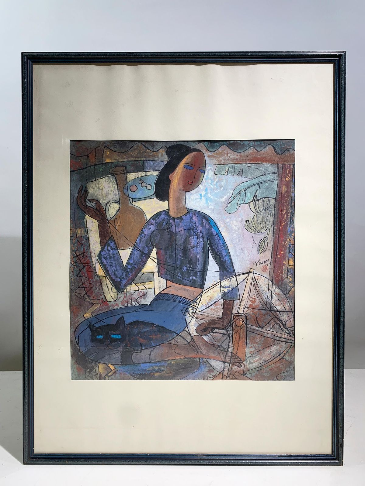 "The Weaver’s Companion" Mixed Media Painting Signed "Yang", Circa 1990's photo furniture