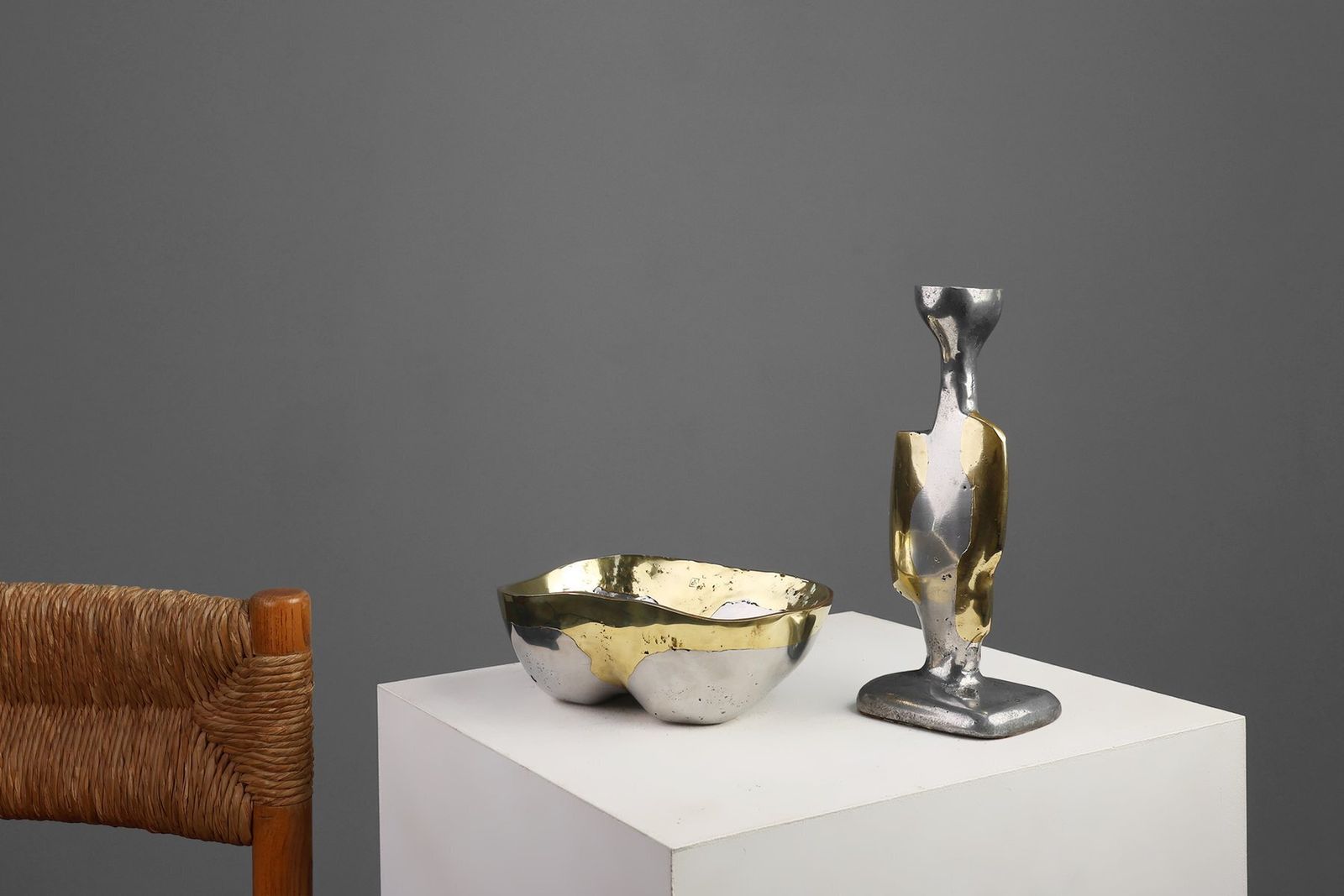 Candleholder And Bowl In Aluminum And Brass From David Marshall, United Kingdom, 1970s, Set Of 2 photo furniture