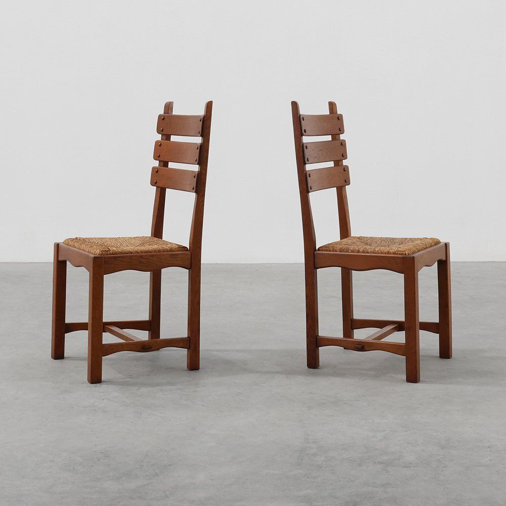 Mid Century Modern Brutalist Oak And Wicker Chairs, 1960s, Set Of 2