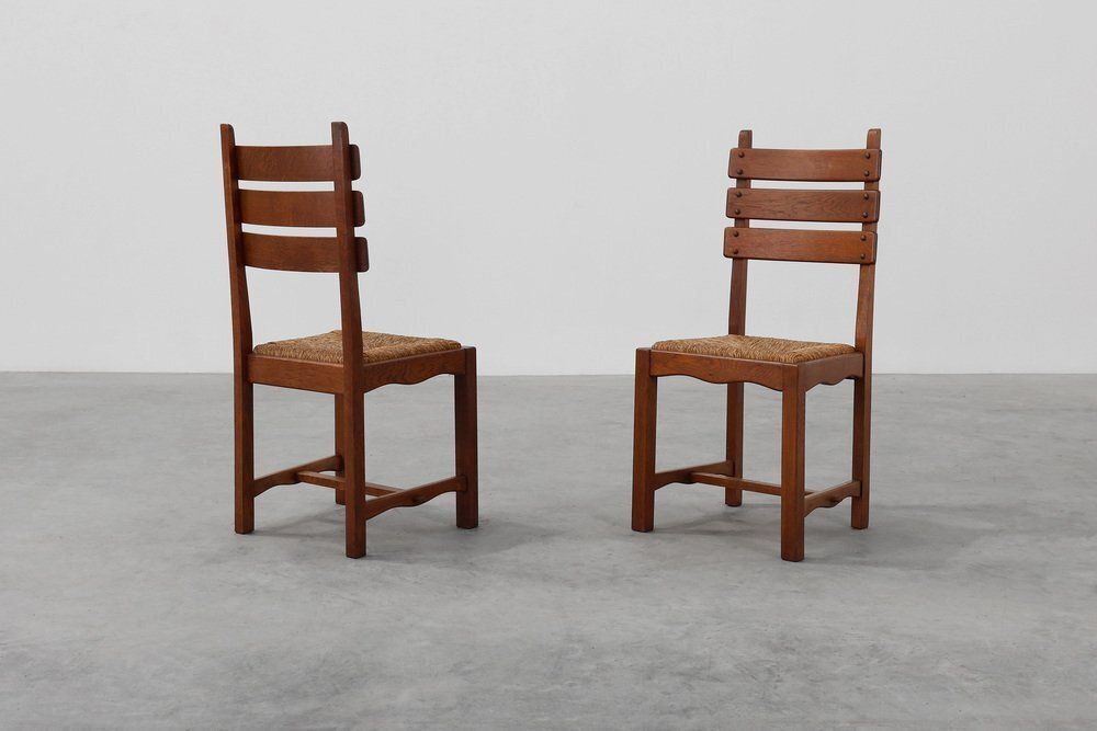 Mid Century Modern Brutalist Oak And Wicker Chairs, 1960s, Set Of 2 photo furniture