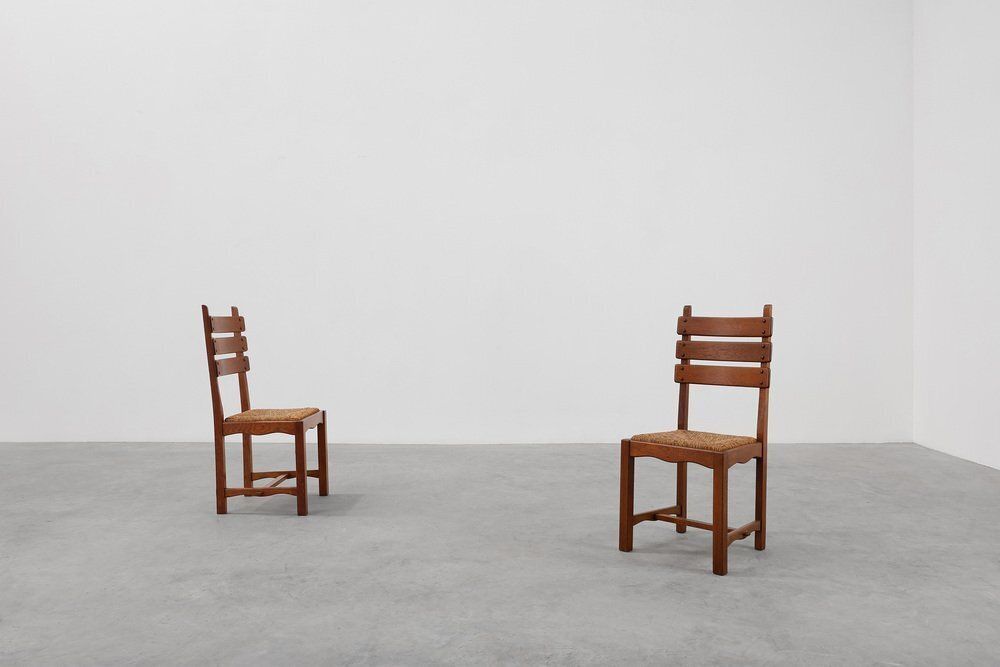 photo buy Mid Century Modern Brutalist Oak And Wicker Chairs, 1960s, Set Of 2