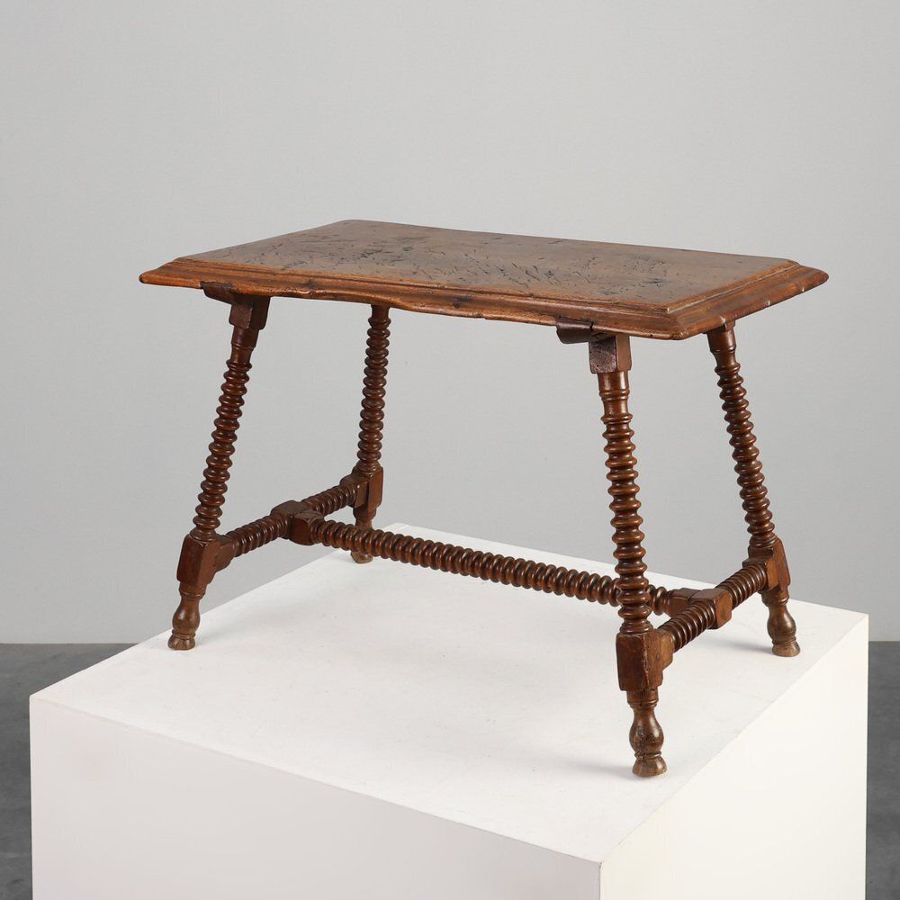 Antique 17th Century Oak Side Table With Turned Legs And Stretcher Base, Spain