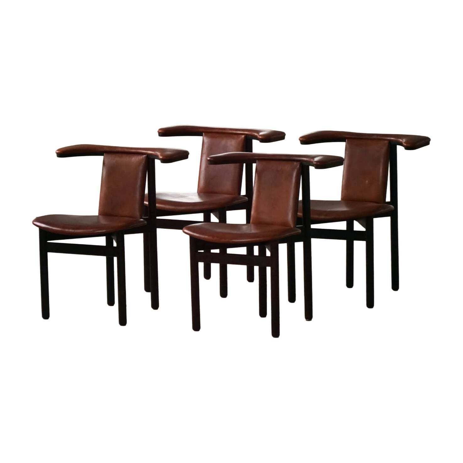 Hans Olsen, Set Of 4 Frederik VII Dining Chairs, Oak & Leather, Mid 20th Century