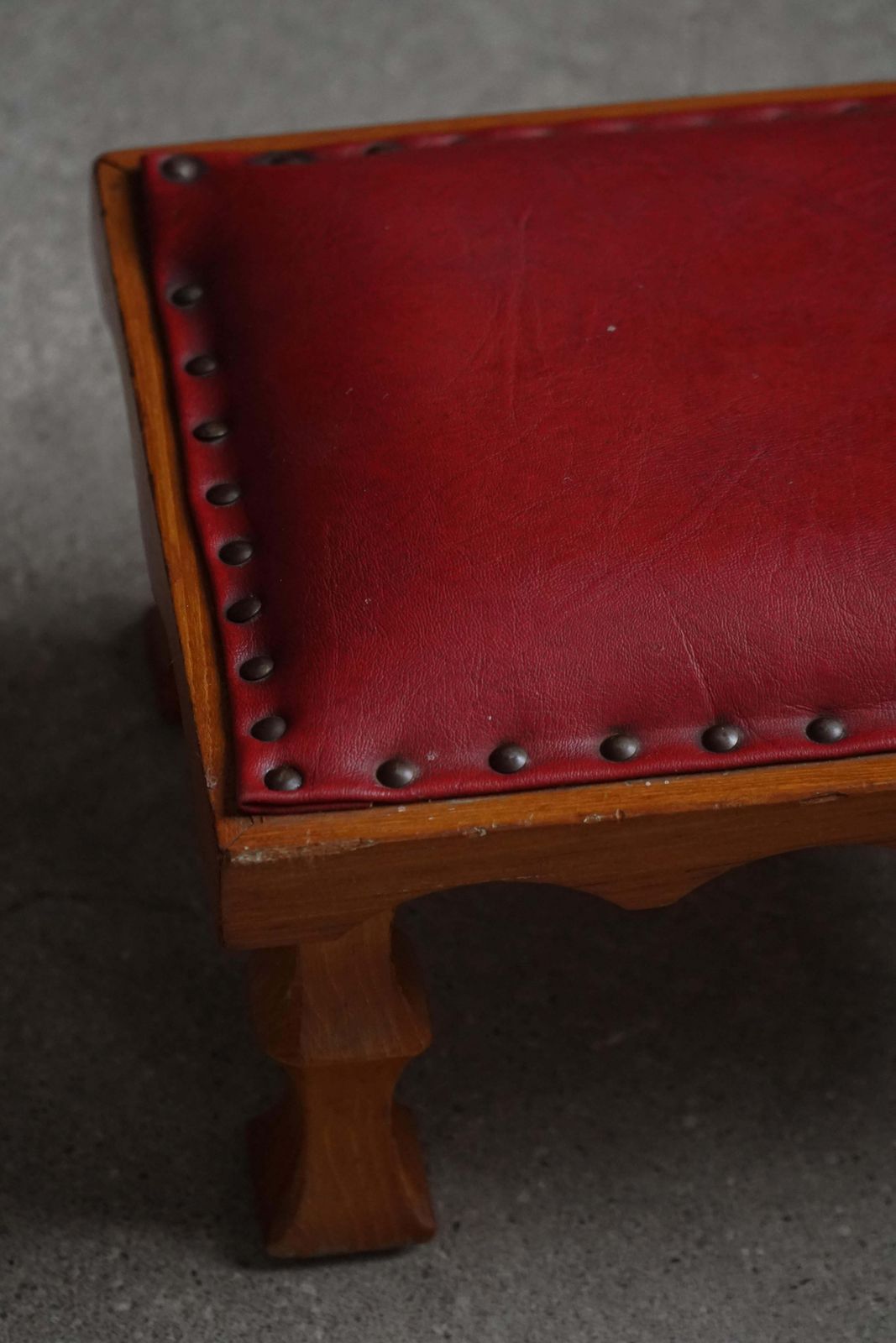 Danish, Mid 20th Century, Carved Oak Footstool With Red Leather Seat, 1950s photo vintage