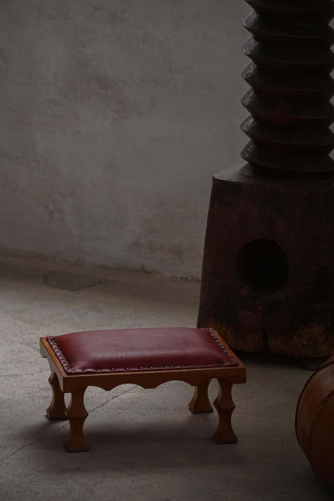 photo vintage Danish, Mid 20th Century, Carved Oak Footstool With Red Leather Seat, 1950s