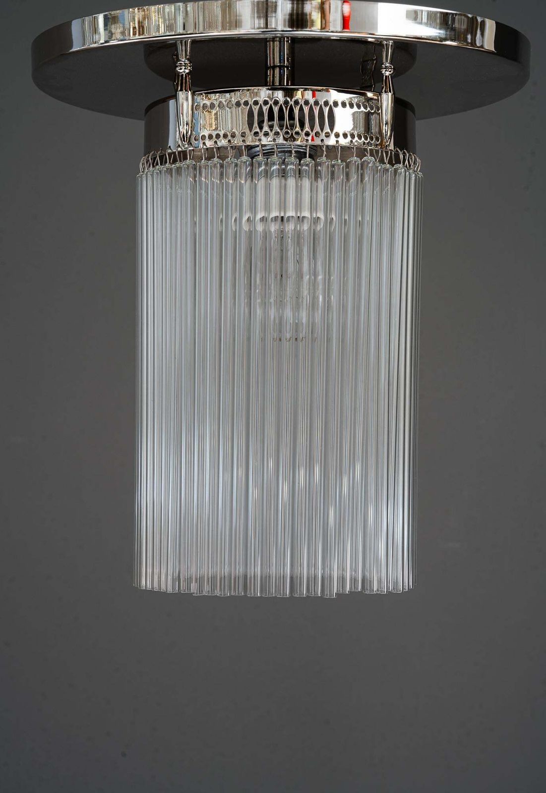 Art Deco Nickel Plated Ceiling Lamp With Glass Sticks Vienna Around 1920s photo furniture
