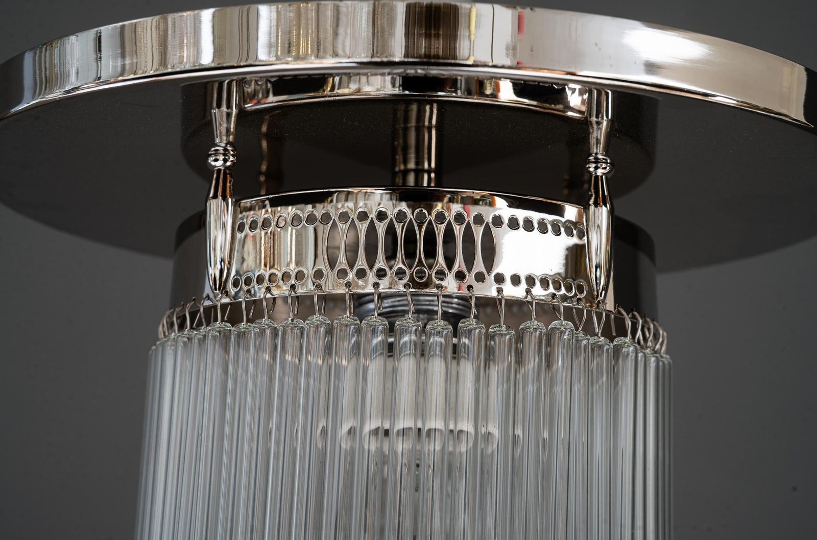 Art Deco Nickel Plated Ceiling Lamp With Glass Sticks Vienna Around 1920s photo for sale
