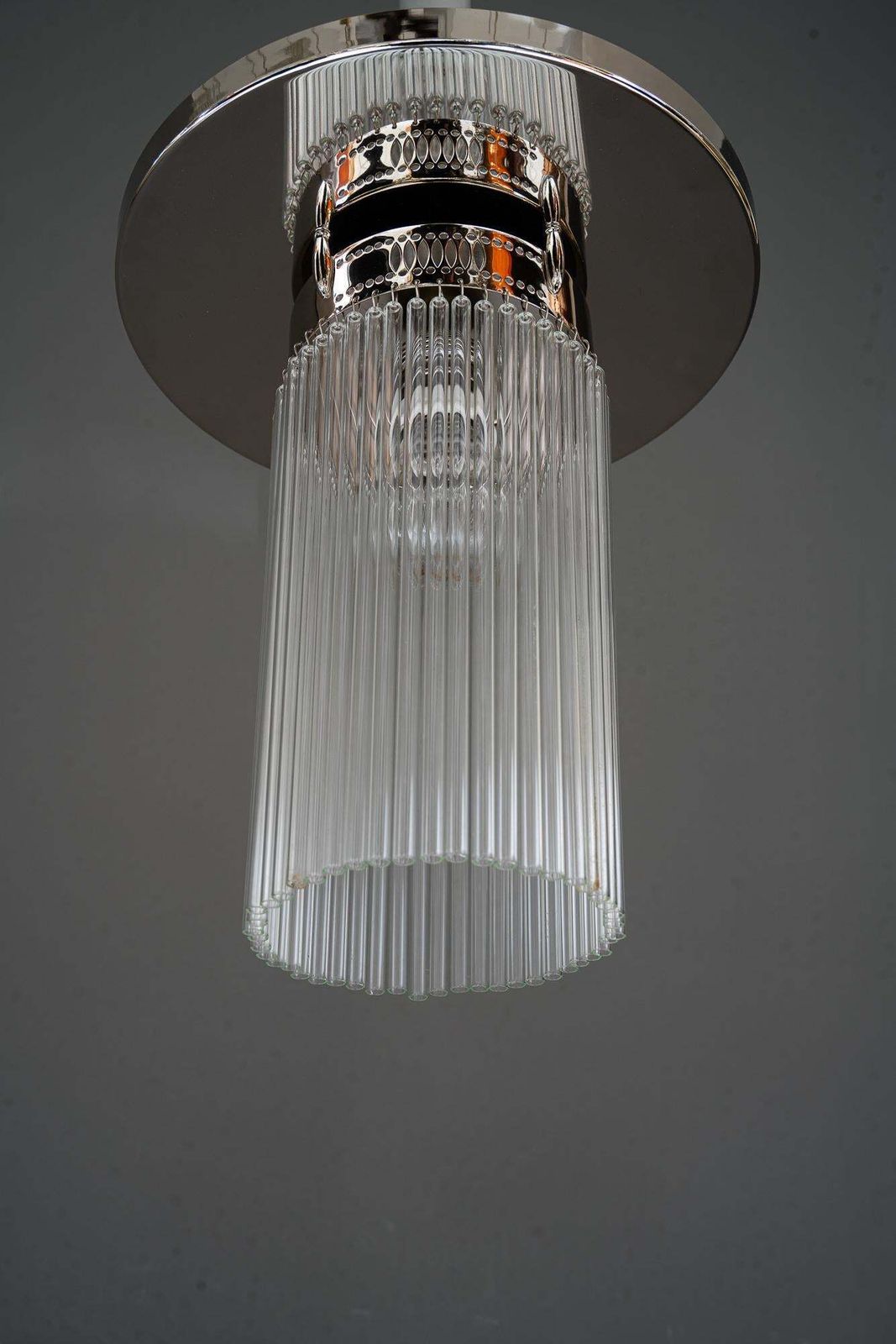 Art Deco Nickel Plated Ceiling Lamp With Glass Sticks Vienna Around 1920s photo vinterior