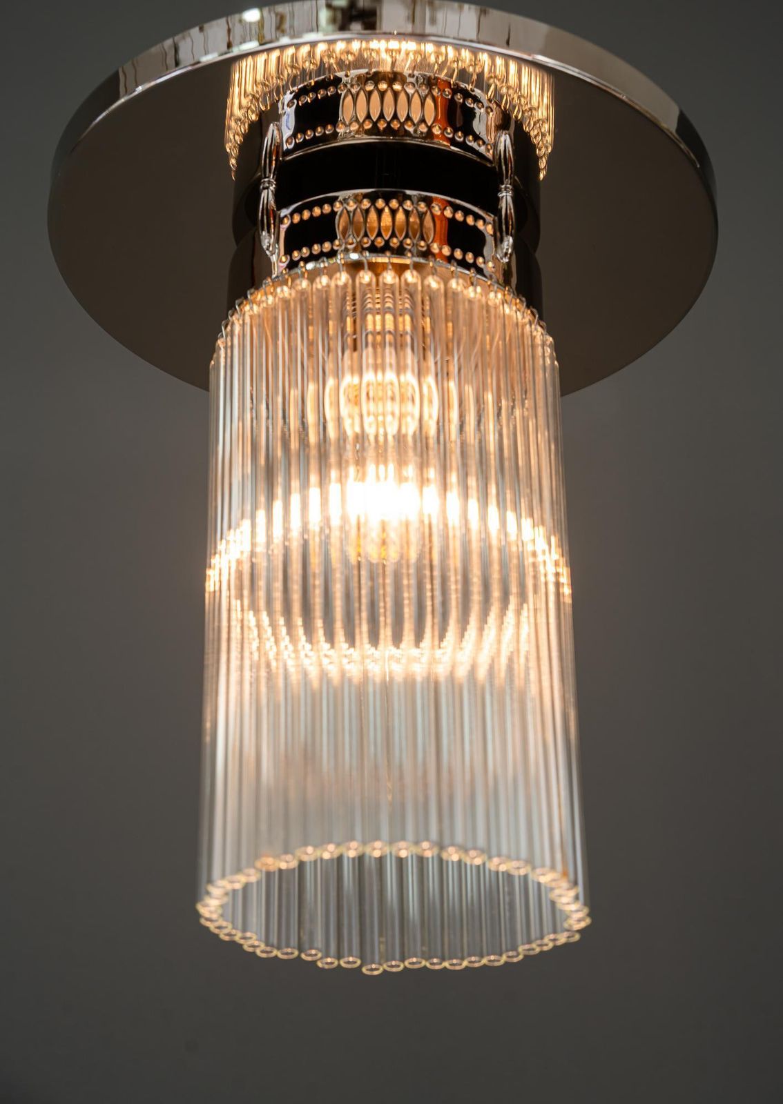 photo for sale Art Deco Nickel Plated Ceiling Lamp With Glass Sticks Vienna Around 1920s