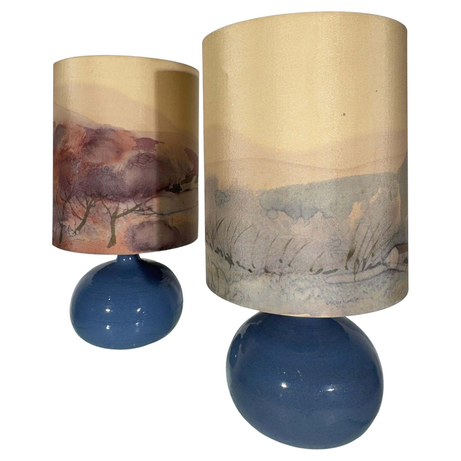 Set Of Two Table Lamps With Silk Landscape Shades, 1970s