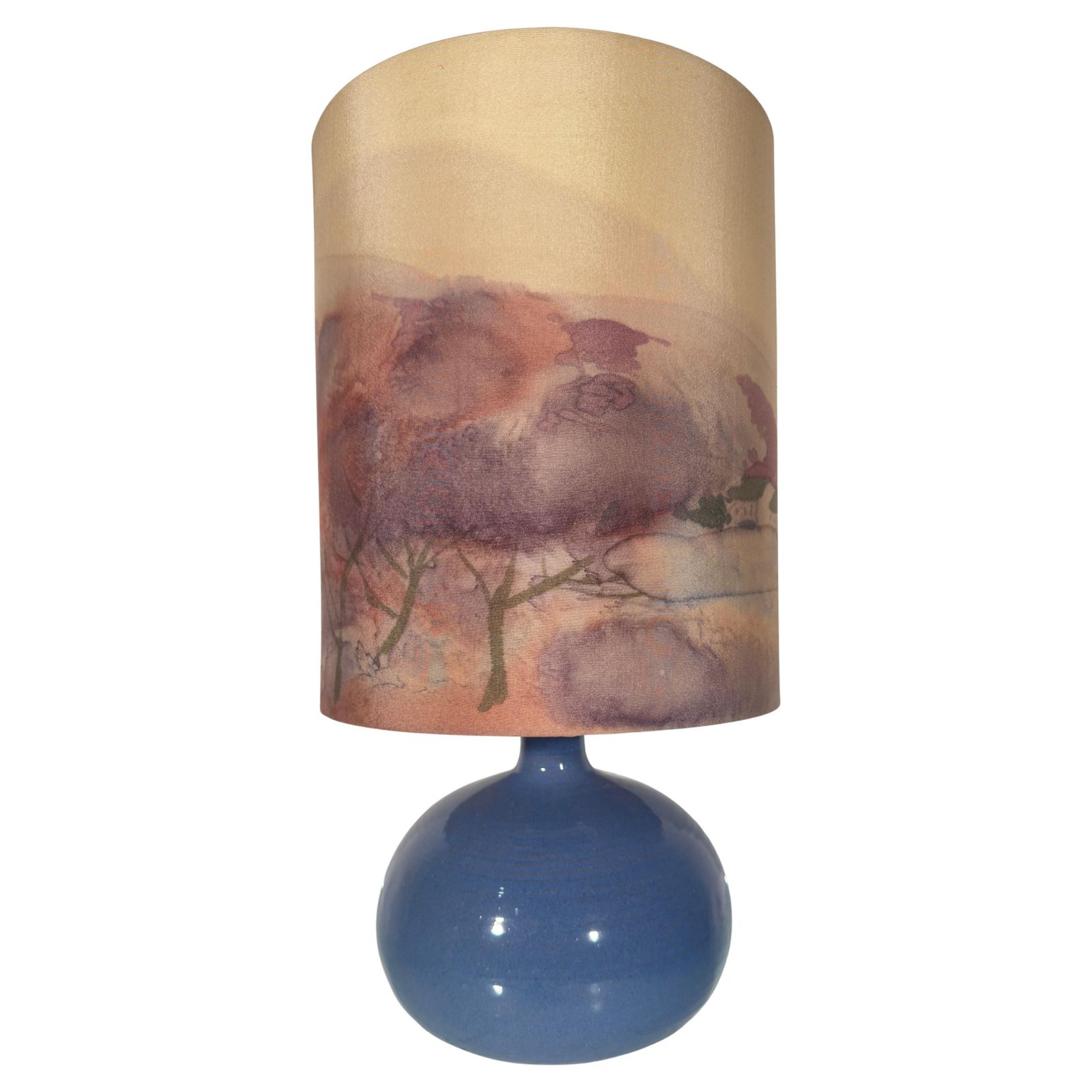 Set Of Two Table Lamps With Silk Landscape Shades, 1970s photo 880.0