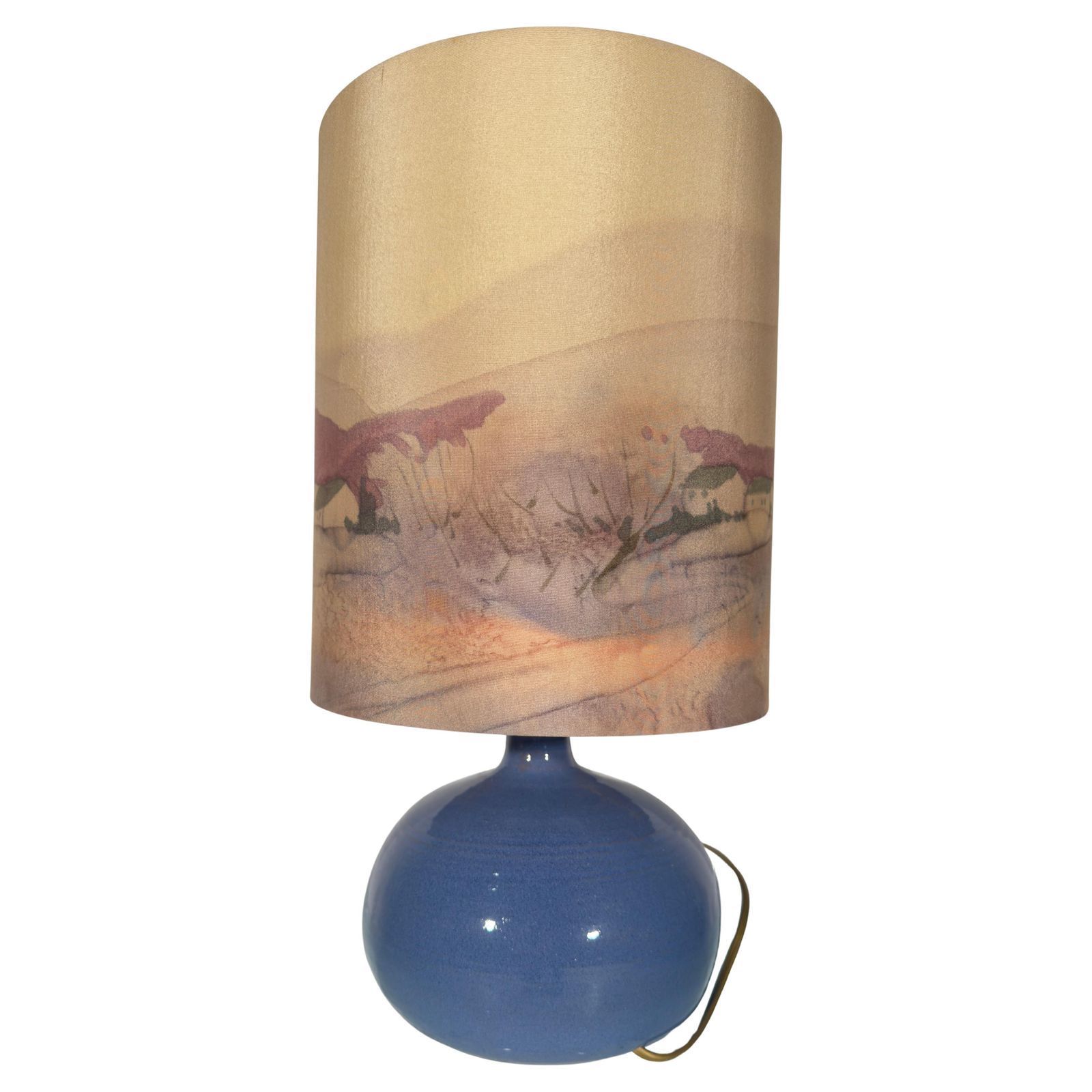 Set Of Two Table Lamps With Silk Landscape Shades, 1970s photo vinterior