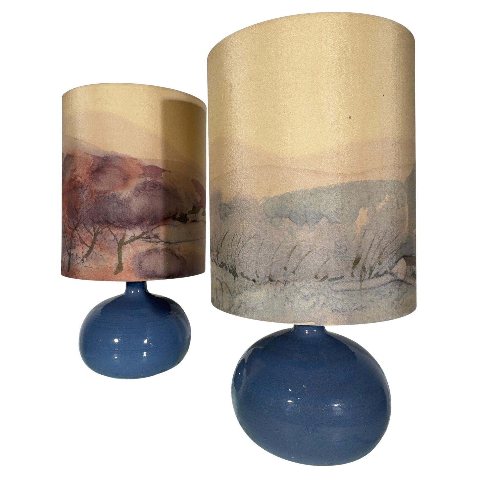 Set Of Two Table Lamps With Silk Landscape Shades, 1970s photo buy
