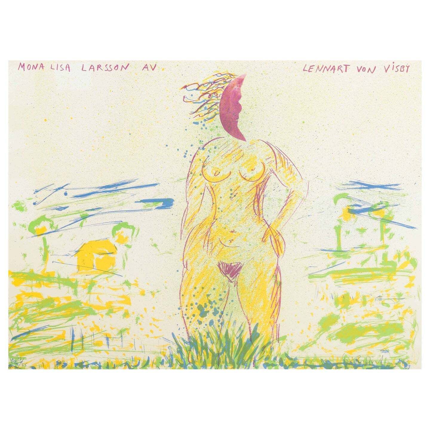 Erik Dietman. Color Lithograph. Female Figure In An Expressive Landscape.