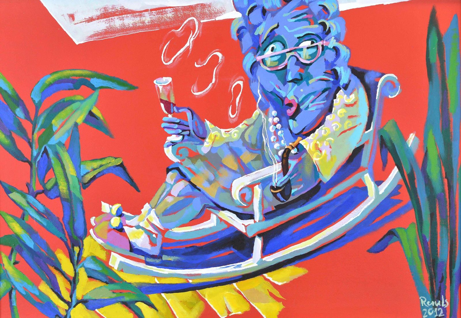 Rauls Zitmanismy Grandma Smoking Pipe , 2012. Acrylic On Cardboard, 70x100 Cm2012