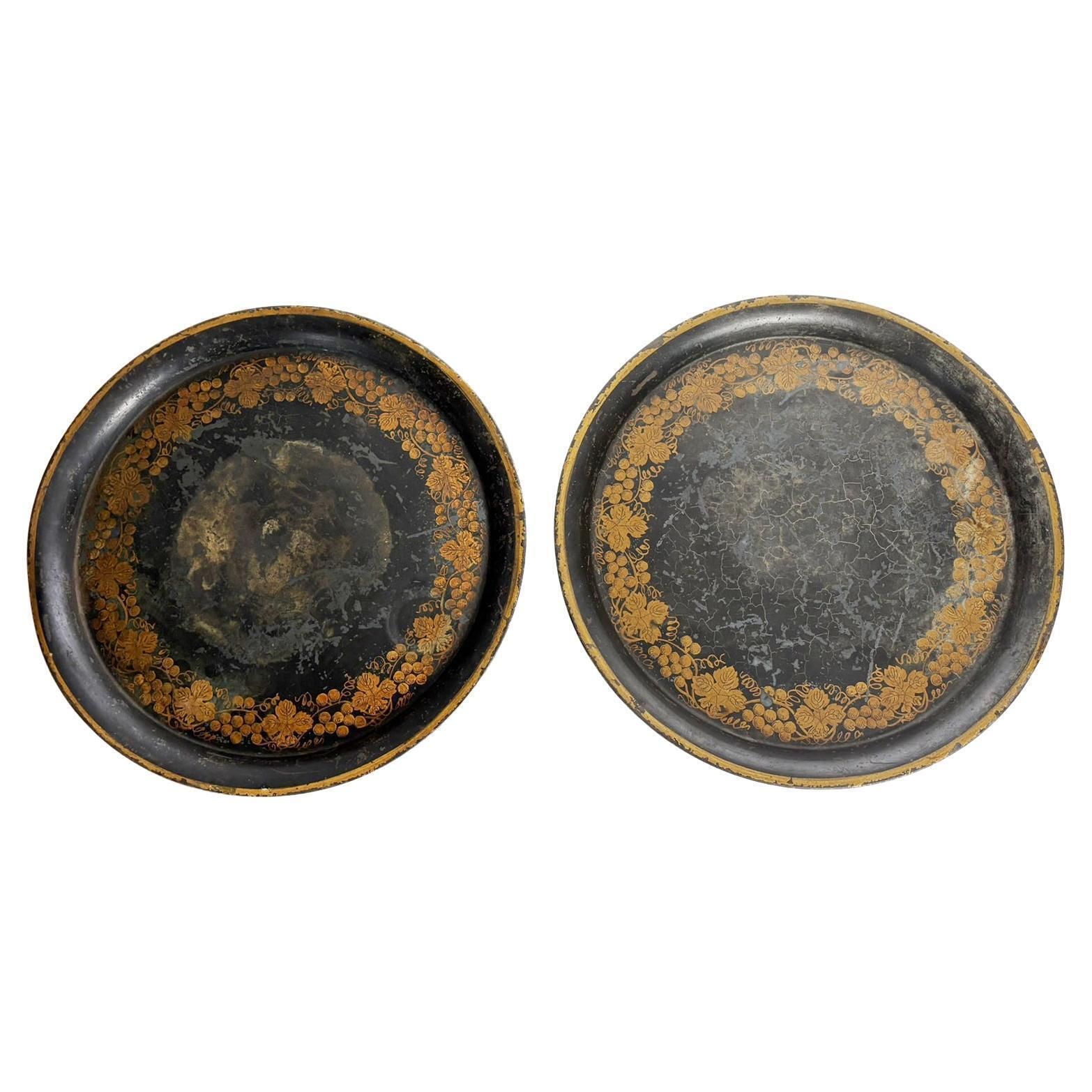 Pair Of Black Trays, Hand Painted. Napoleon III Style, France, 1950