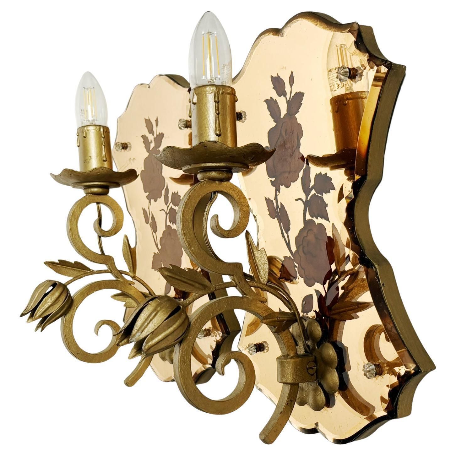Pair Of Art Deco Wall Sconces In Patinated Gold Metal And Glass, France, 1950