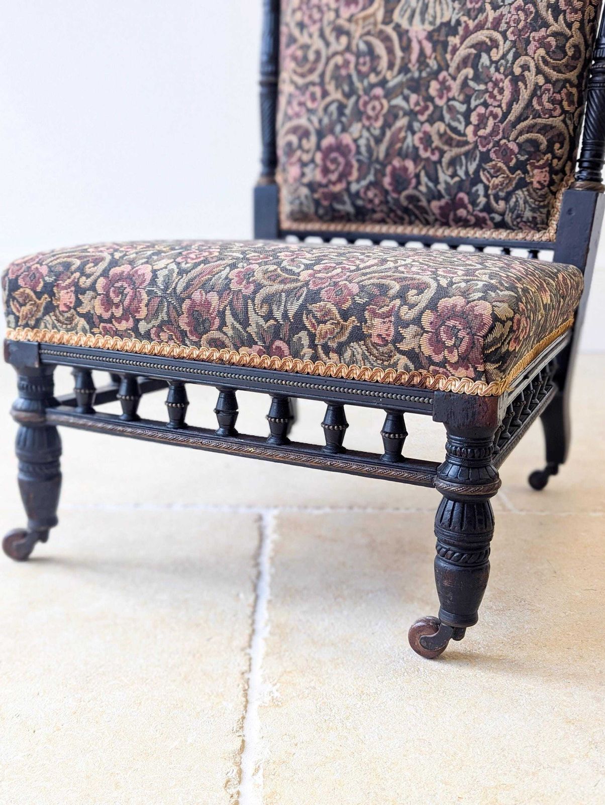 photo for sale Antique Victorian Ebonised Upholstered Low Chair C.1890