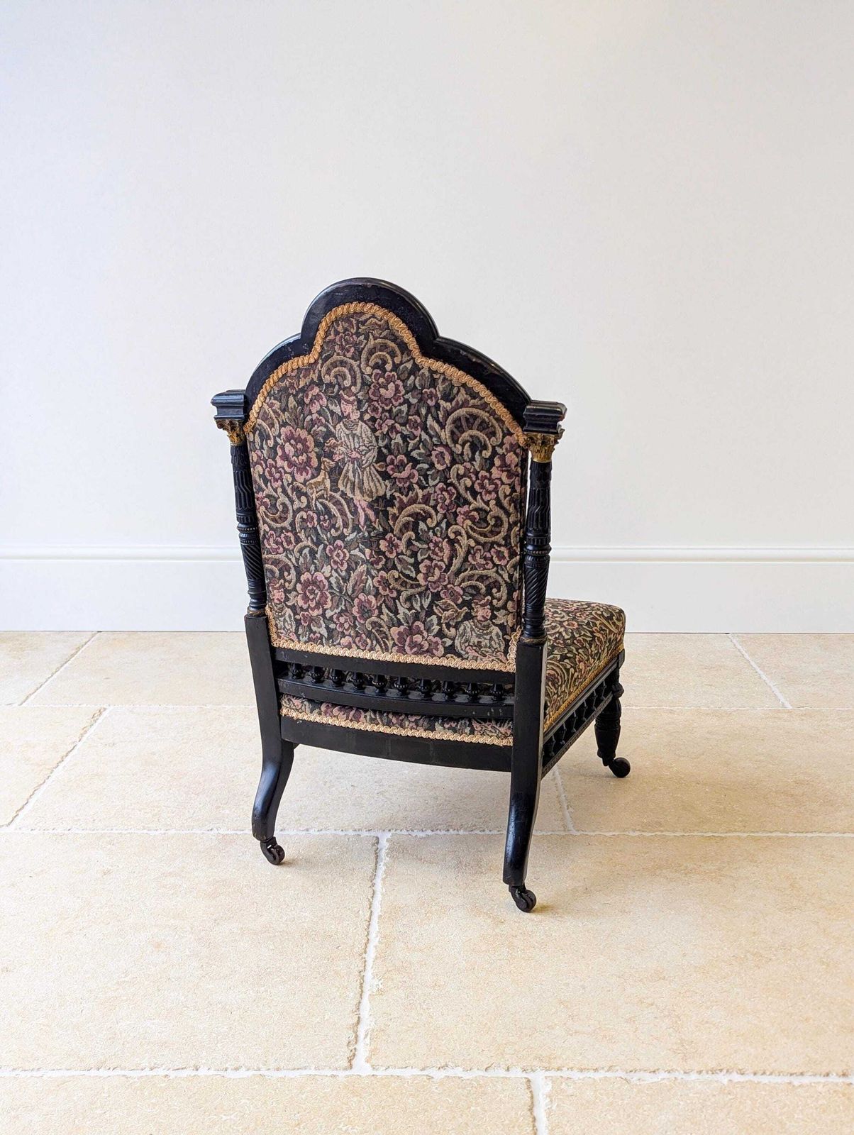 445.0 Antique Victorian Ebonised Upholstered Low Chair C.1890 photo