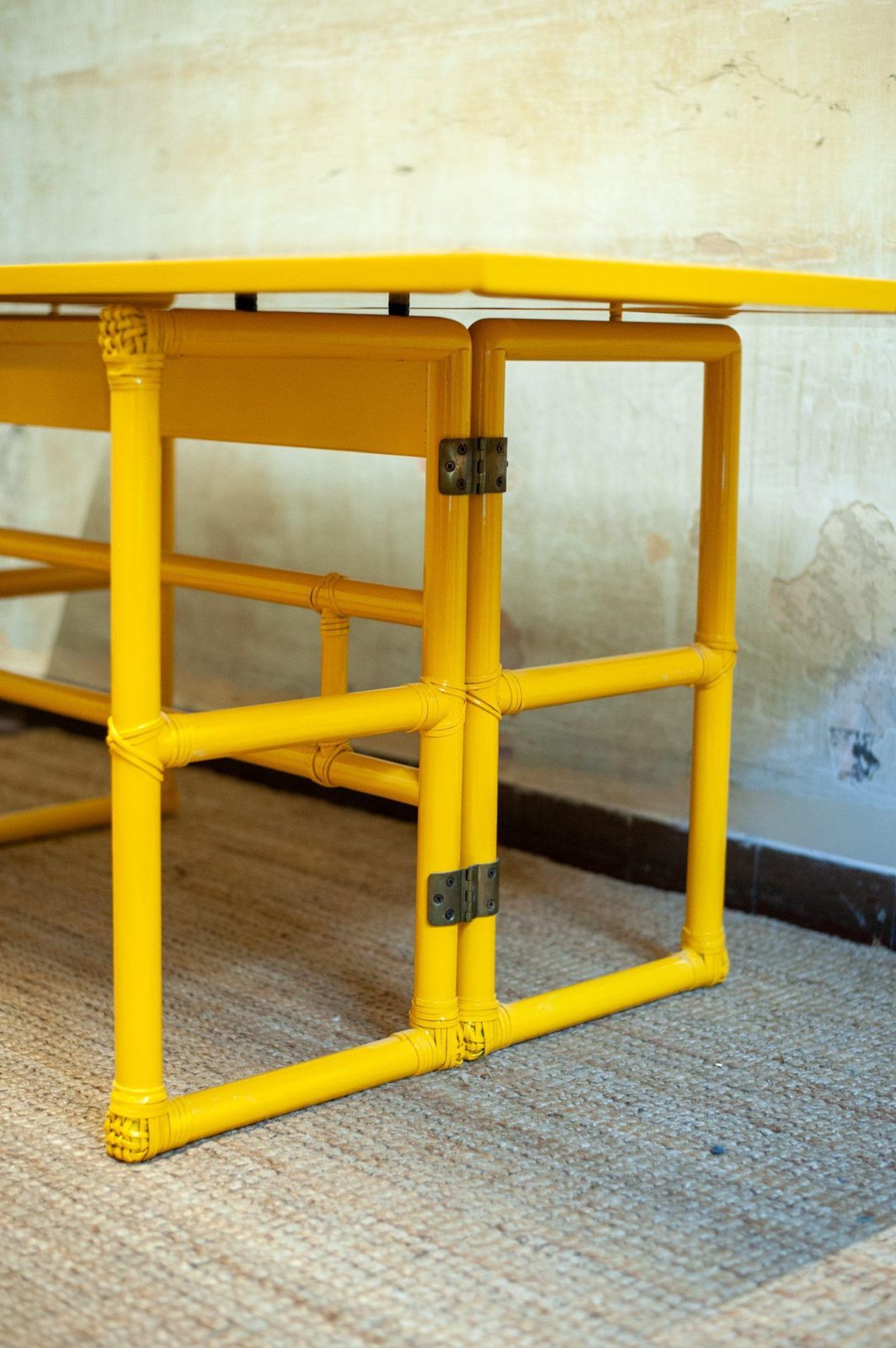 Yellow Lacquered Console With Flip Top Surface From Mcguire San Francisco, 1970s photo buy