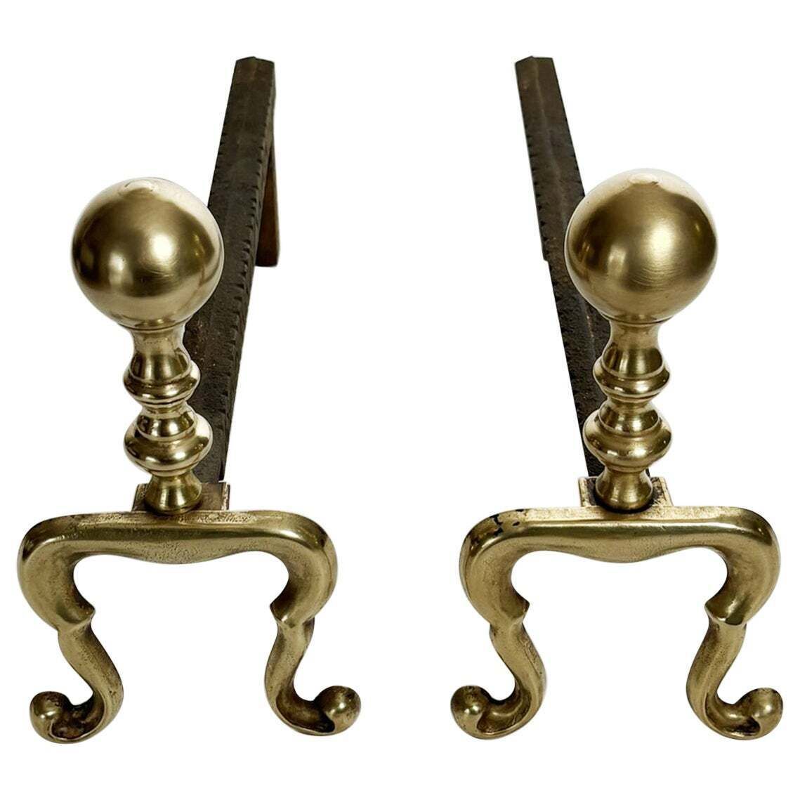 Pair Of Cast Iron And Brass Andirons, France, 1950