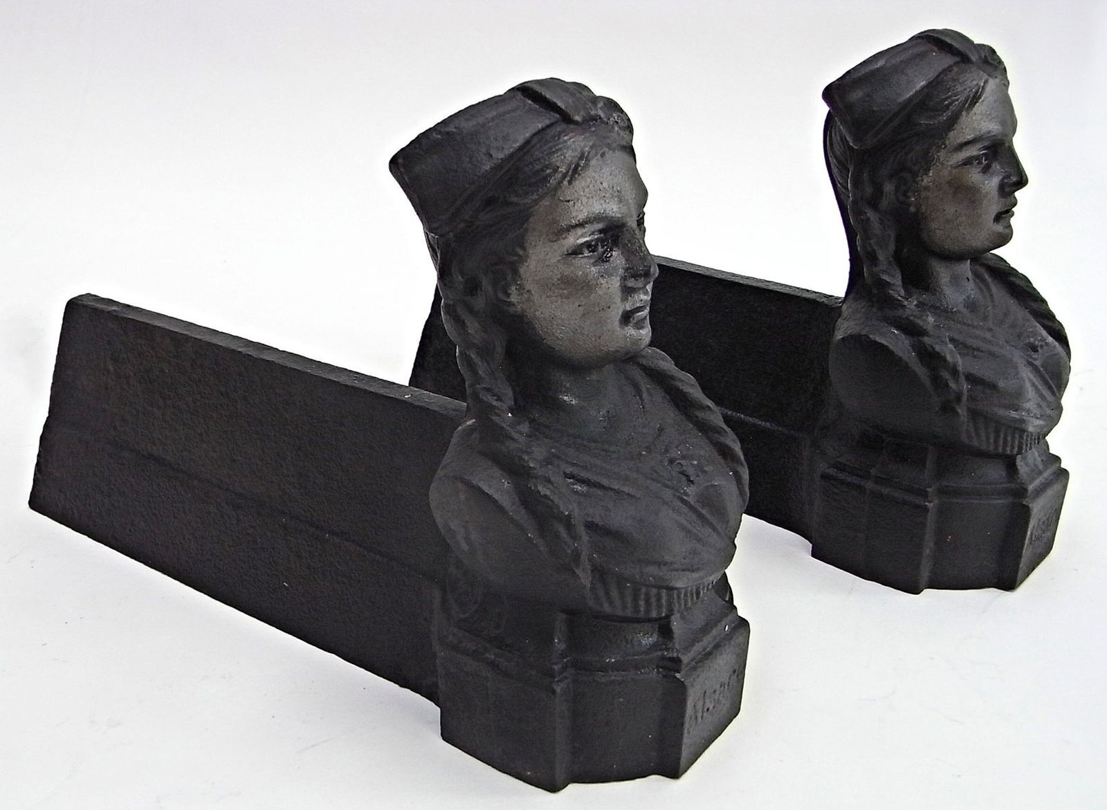 Cast Iron Trident Fireplace With Female Head, 1950s, Set Of 2 photo for sale