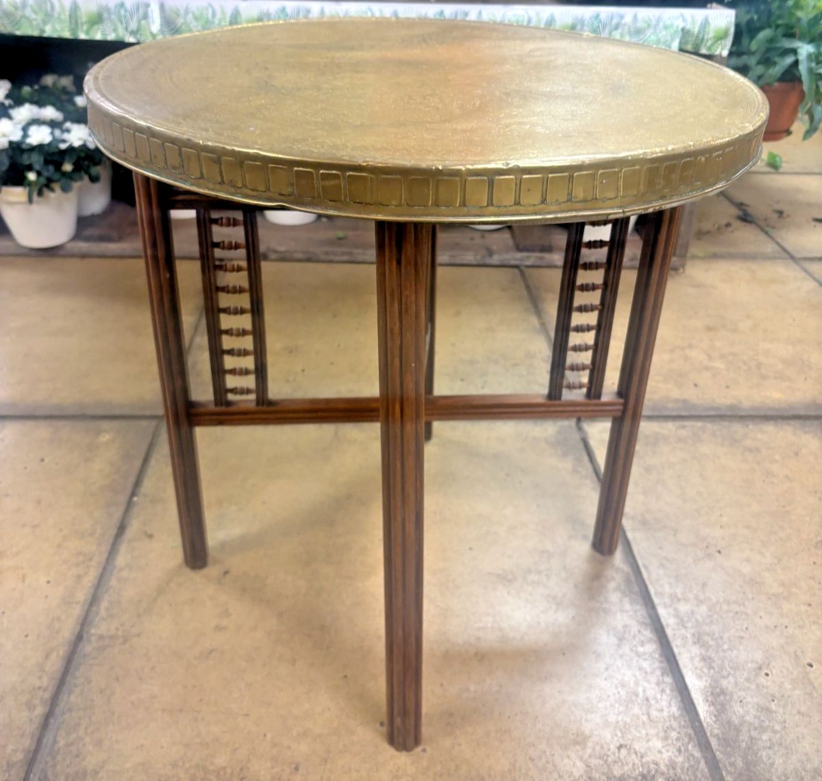 Vintage Benares Brass Tray & Wooden Legs Folding Coffee/ Side Table