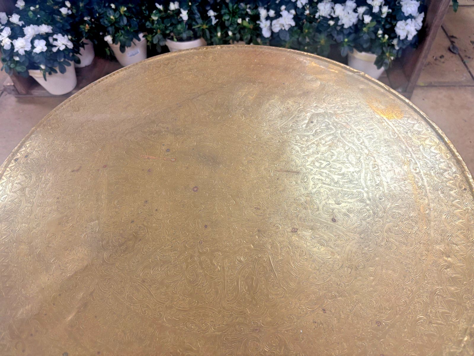 Furniture Vintage Benares Brass Tray & Wooden Legs Folding Coffee/ Side Table photo