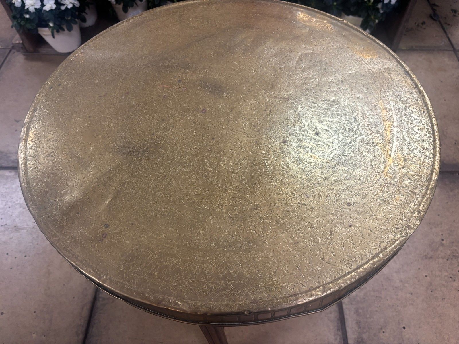 75.0 Vintage Benares Brass Tray & Wooden Legs Folding Coffee/ Side Table photo