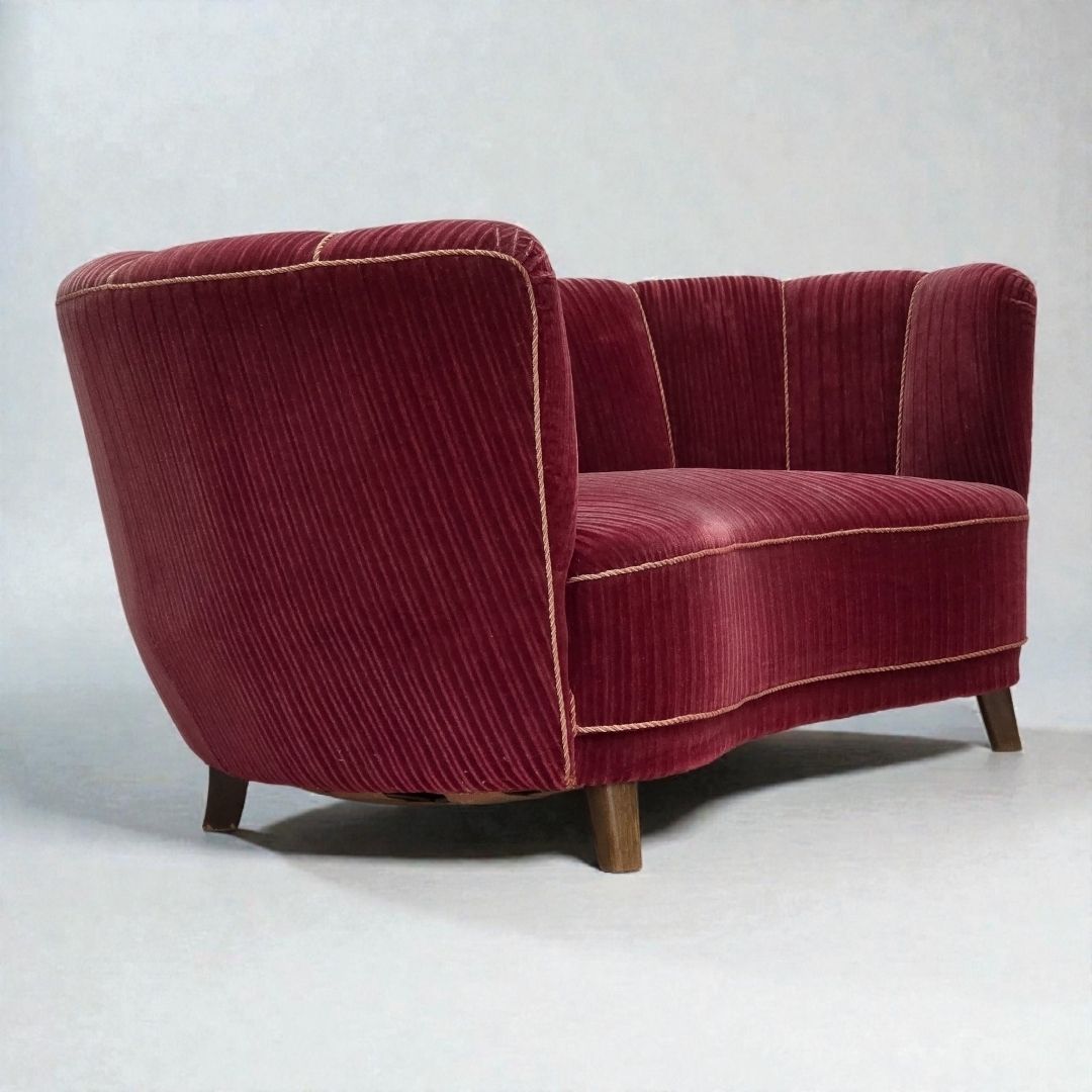 1960s, Danish 2 Seater "Banana" Sofa, Red Furniture Velour, Oak Wood.