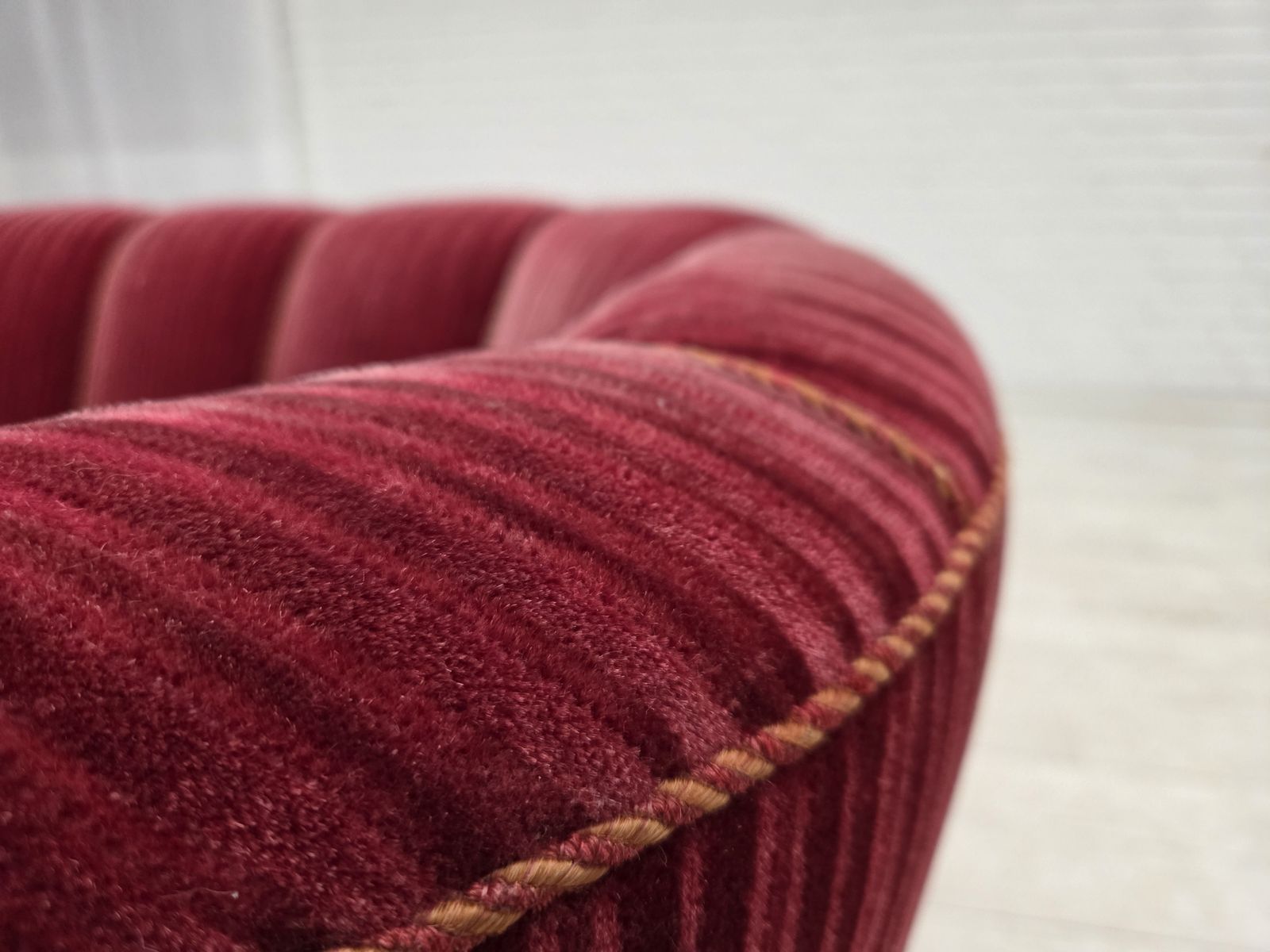1960s, Danish 2 Seater "Banana" Sofa, Red Furniture Velour, Oak Wood. photo for sale
