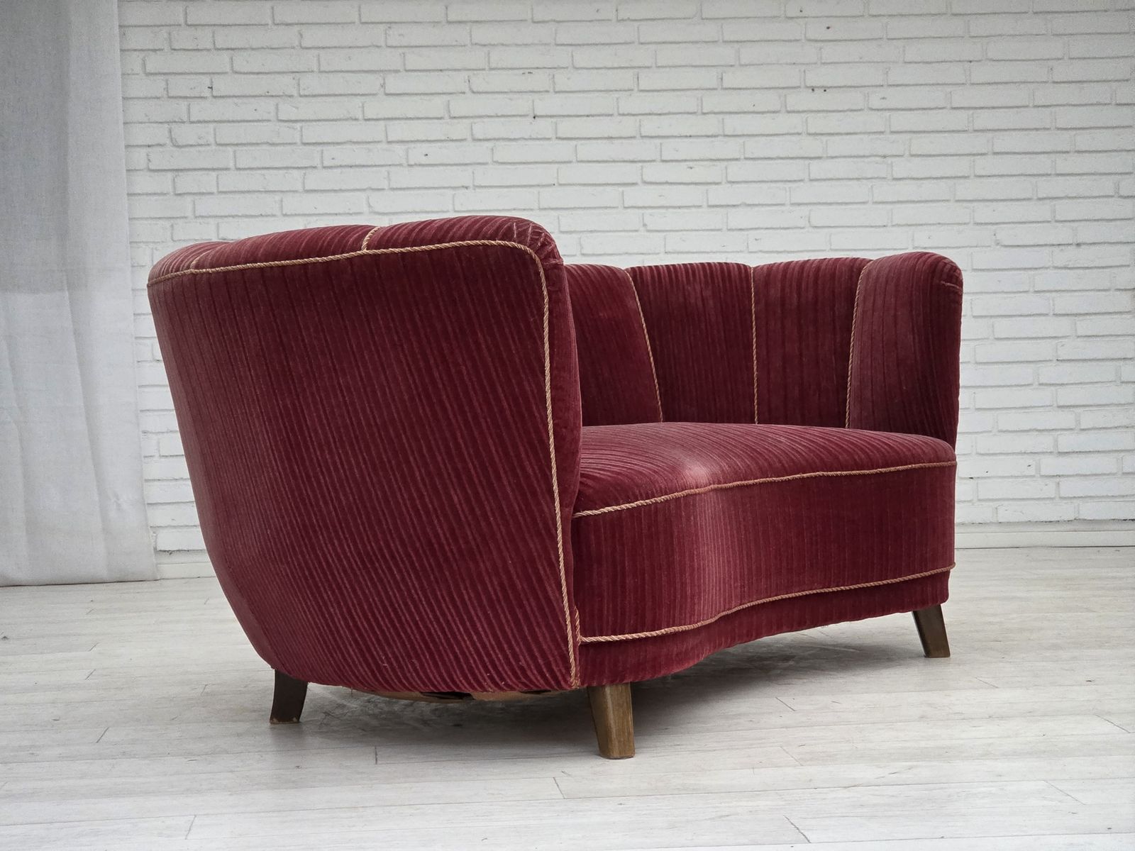 1960s, Danish 2 Seater "Banana" Sofa, Red Furniture Velour, Oak Wood. photo Furniture