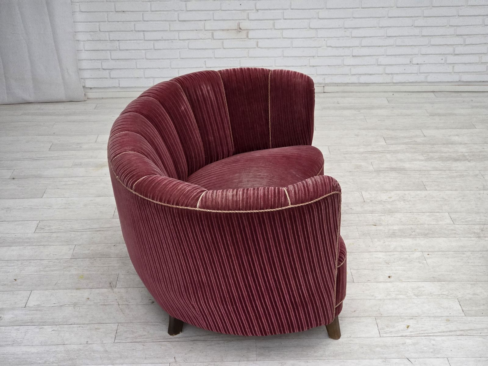 1960s, Danish 2 Seater "Banana" Sofa, Red Furniture Velour, Oak Wood. photo vintage