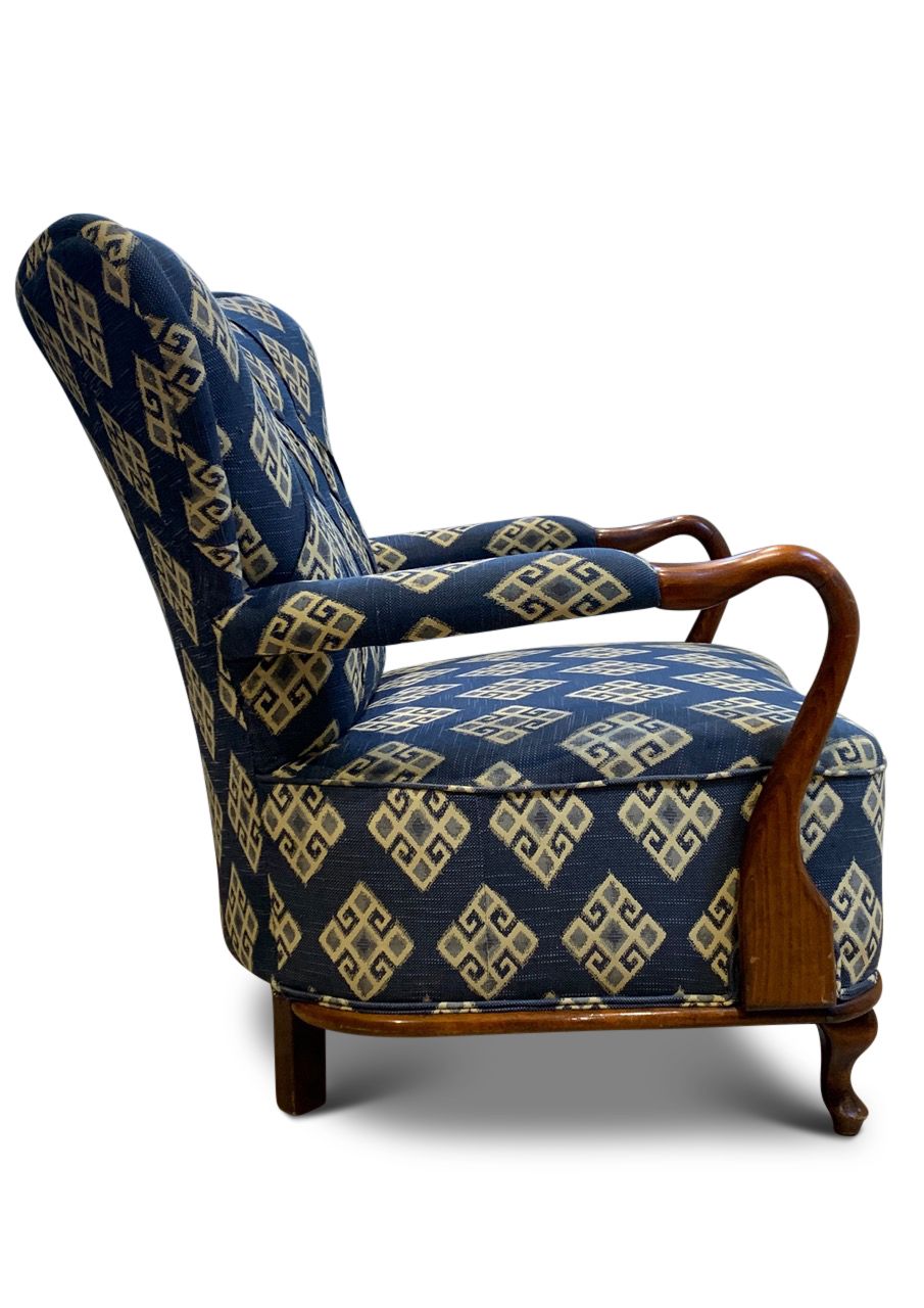 photo for sale Art Deco Kilim Upholstery Stained Beech Open Framed Armchair By Fritz Hansen