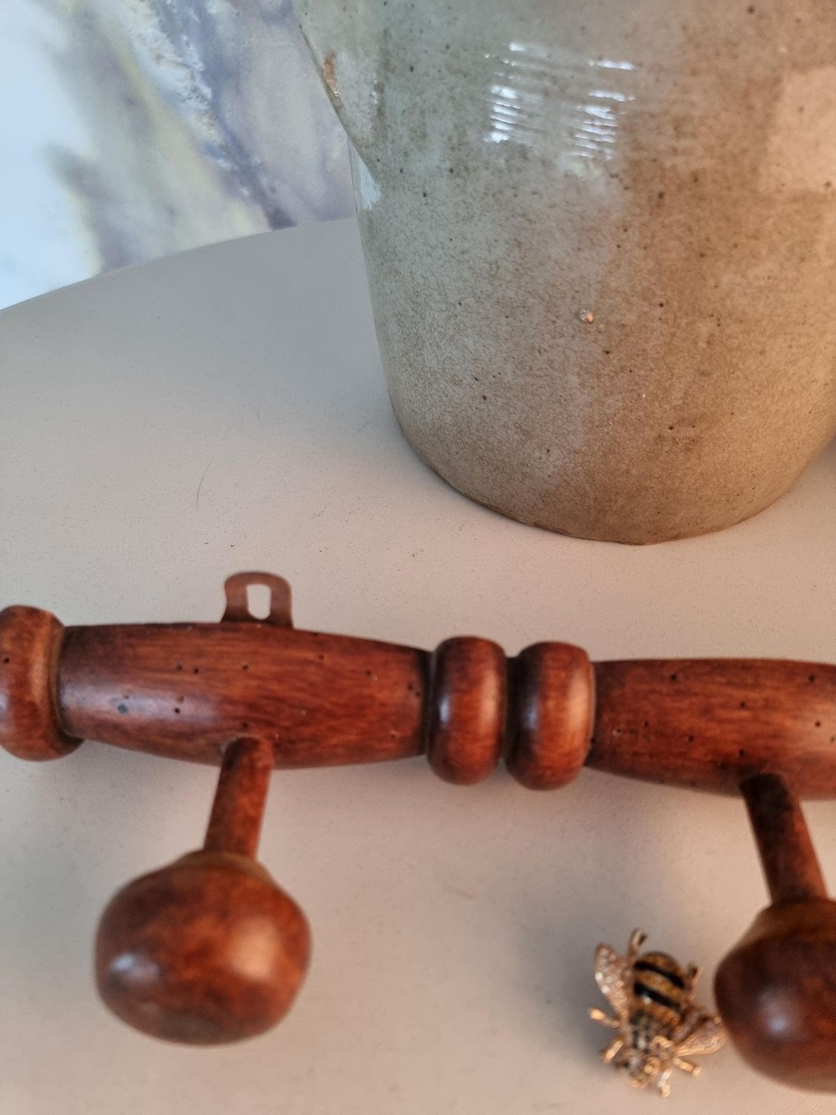 French Vintage Wood Coat Rack, 4 Mushroom Hooks, Rustic Farmhouse photo 119.62