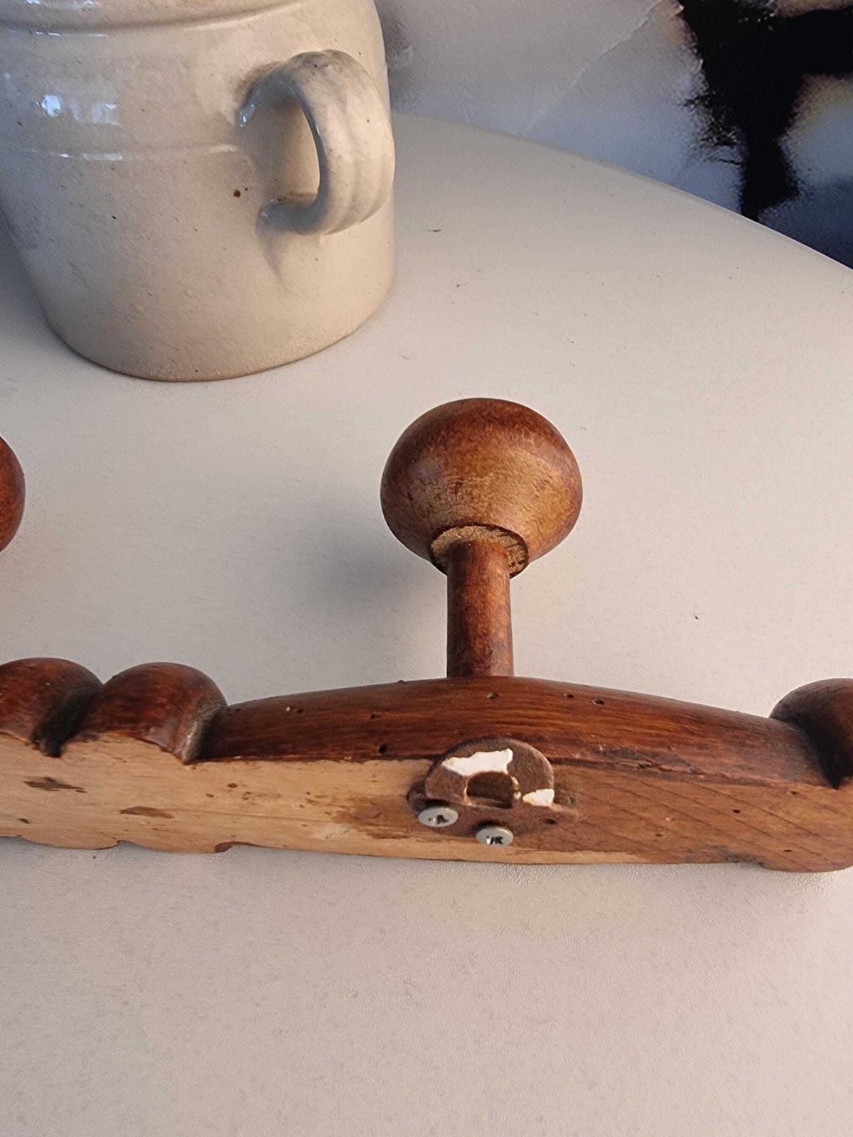 photo for sale French Vintage Wood Coat Rack, 4 Mushroom Hooks, Rustic Farmhouse
