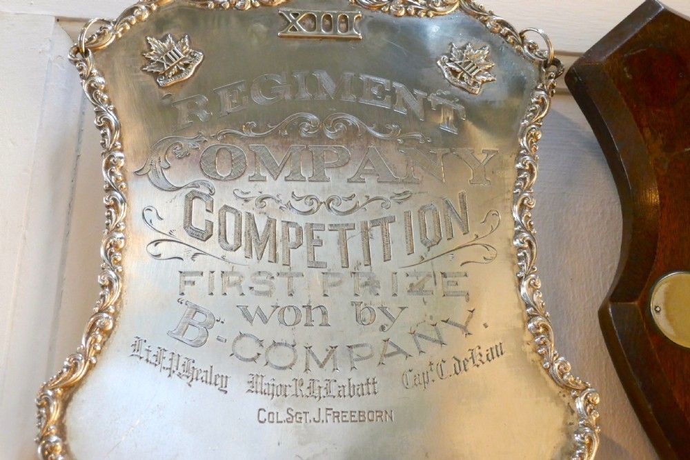2 Sheffield Plate Silver Trophy Shields, Southwark Rifle Club & XIII Hamilton Regiment photo furniture