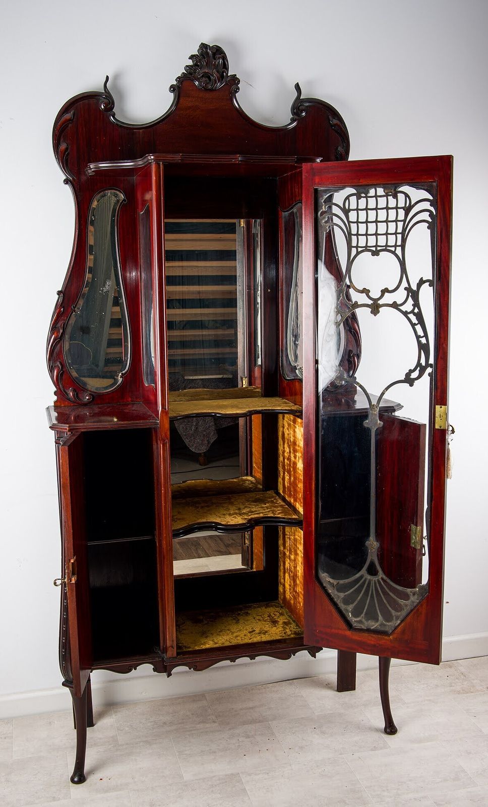 Victorian Carved Mahogany Display Cabinet With Mirrored Sides & Velvet Interior, C.1900 photo furniture