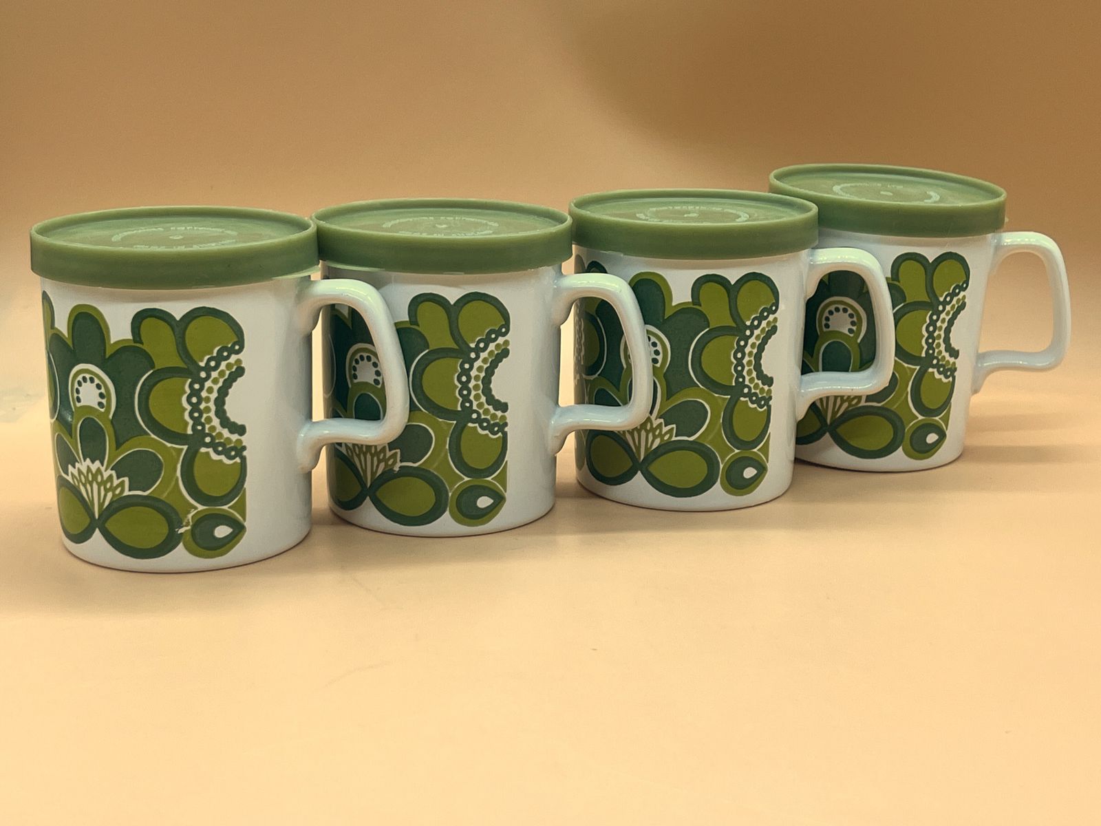 Mid Century Modern Staffordshire Potteries Set Of 4 Mugs, 4 Lids And A Carry Tray. photo furniture