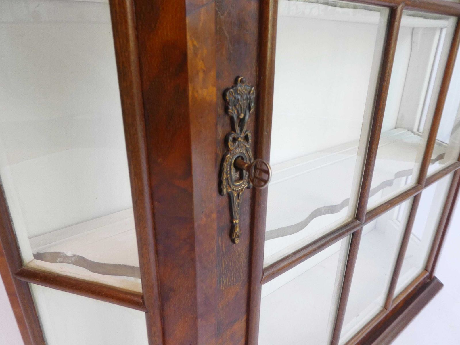 Vintage Wooden Wall Display With Ornament And White Shelves, Cabinet With Lock, Glass Medicine Apothecary Storage photo vinterior
