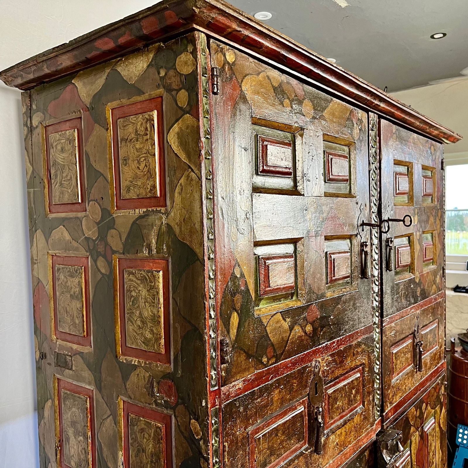 17th Century Spanish Oak And Pine Painted Housekeeper’s/ Linen Press Cupboard photo for sale
