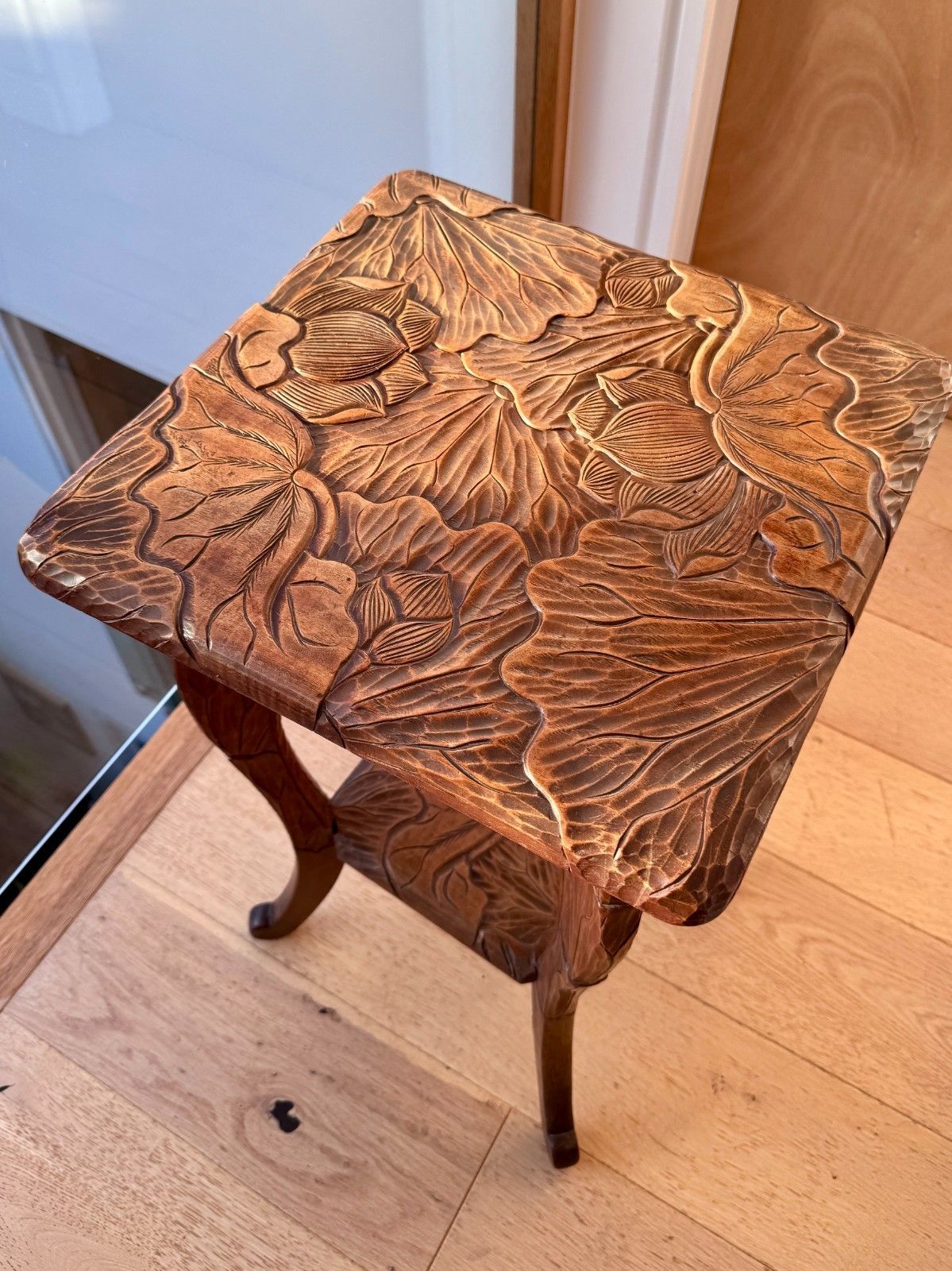 Antique Liberty Of London Japanese Hand Carved Floral Side Table C1905 photo for sale