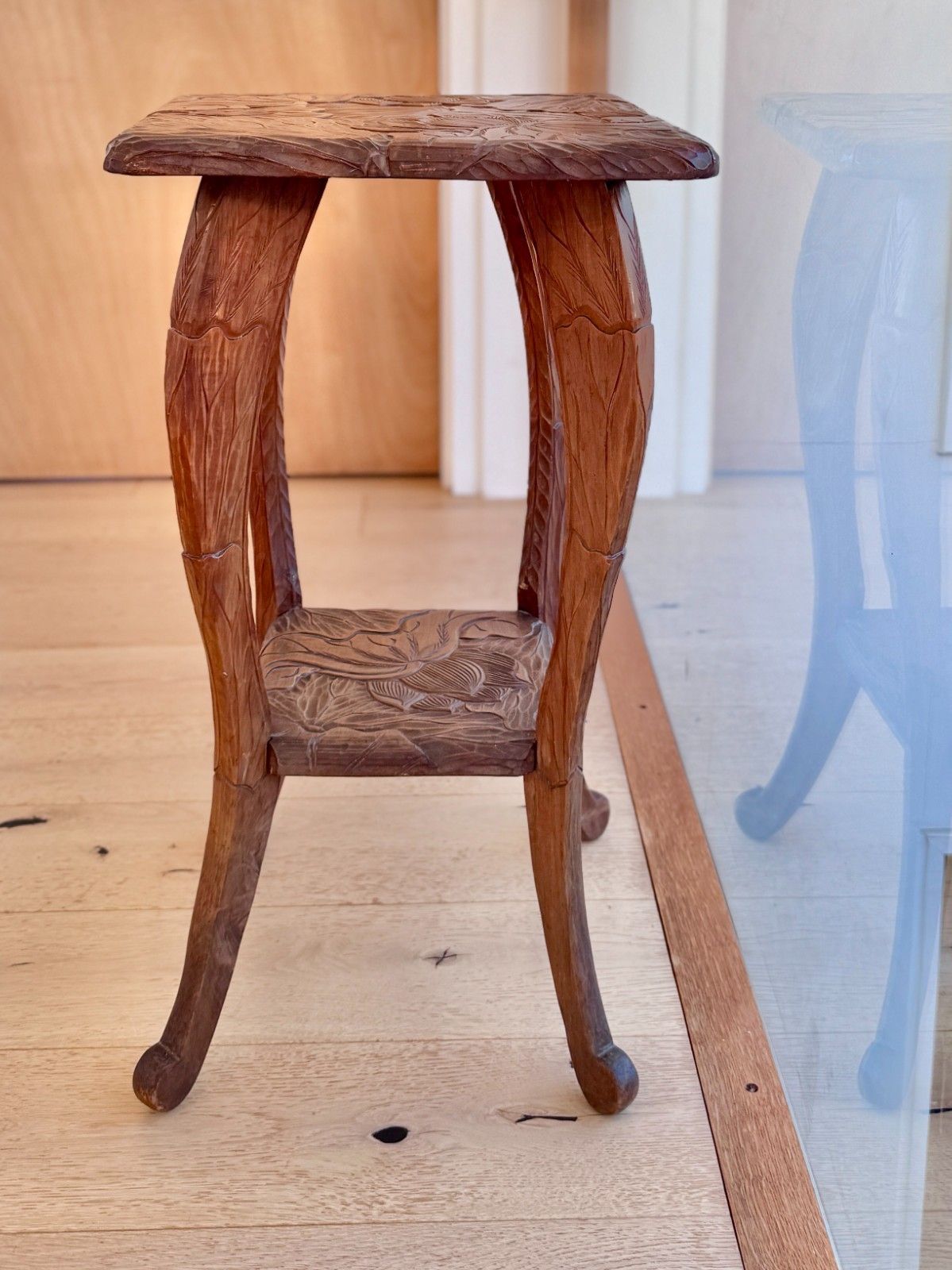 photo vintage Antique Liberty Of London Japanese Hand Carved Floral Side Table C1905