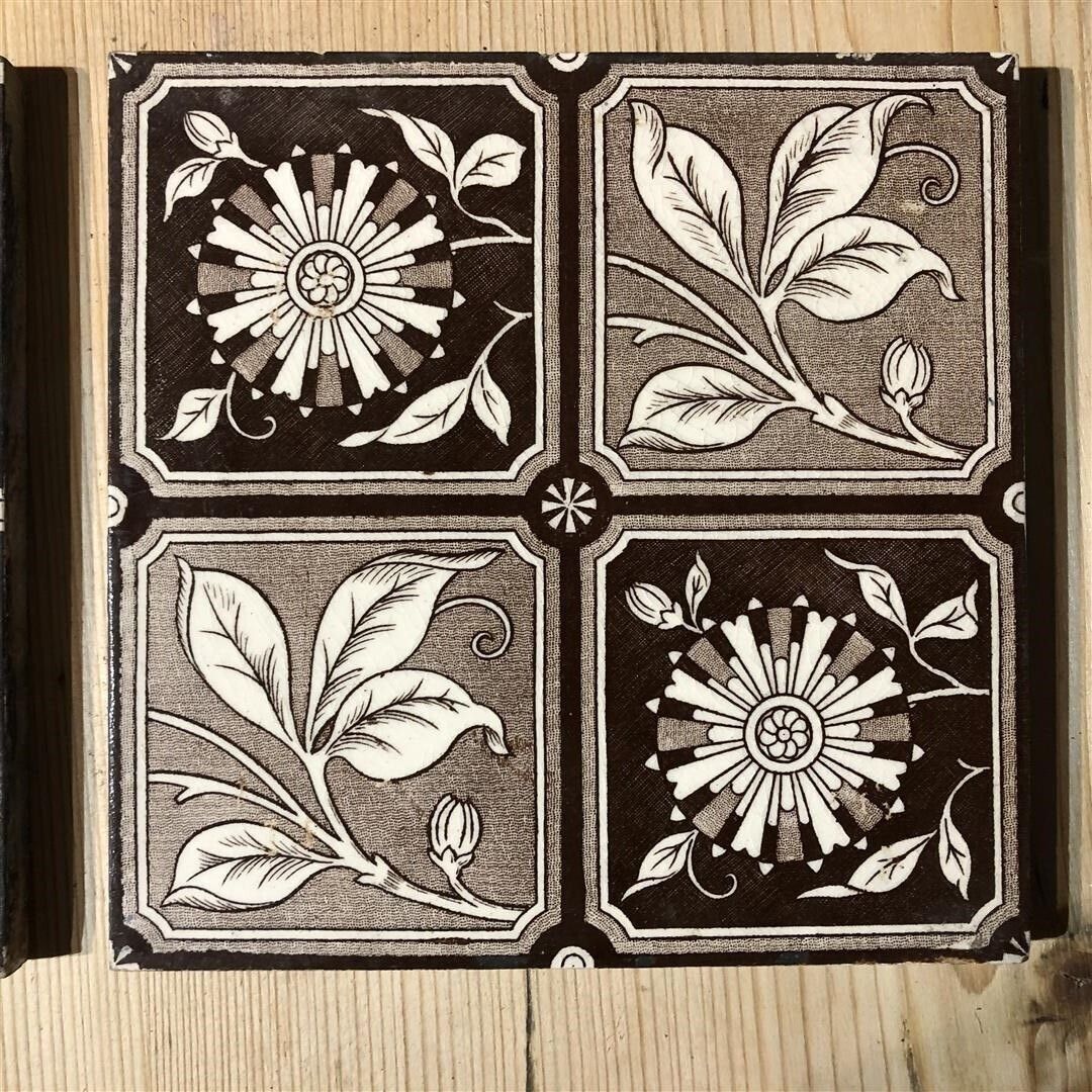 Set Of 5 Antique Fireplace Tiles Brown And White Leaf Chequer Design (101) photo for sale